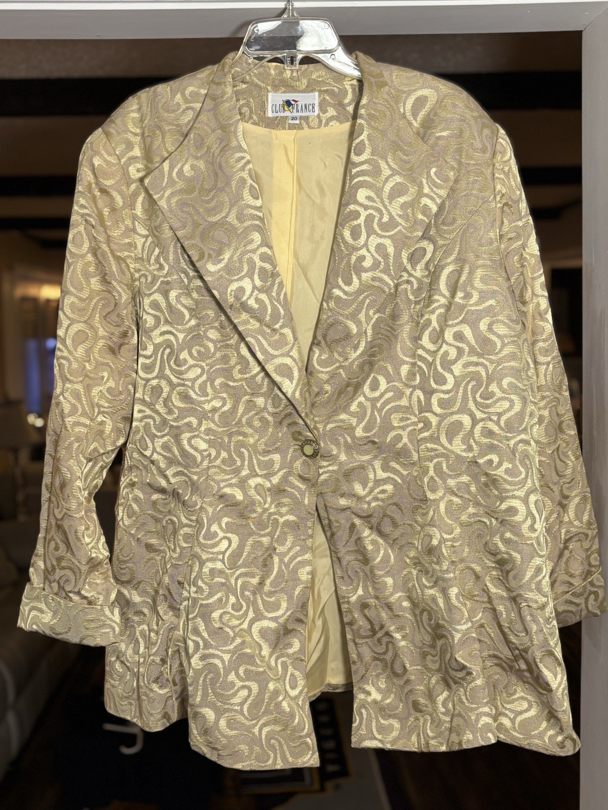 Vintage Club France 3 Pc Skirt Suit Womens 20 Gold Brocade Made USA