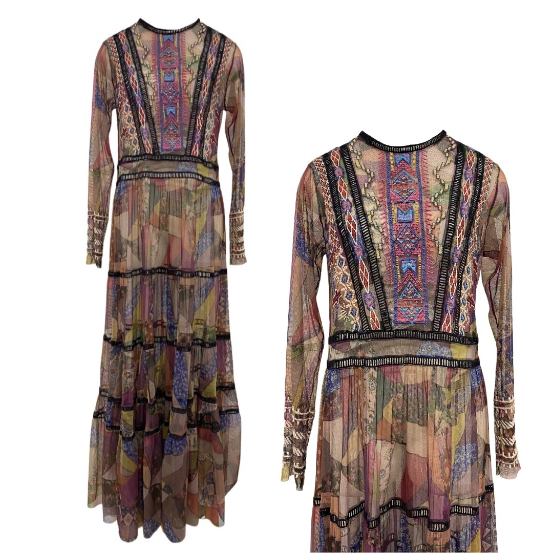 Johnny Was Biya Romantic Embroidered Boho Bohemian Tiered Printed Gervase Dress