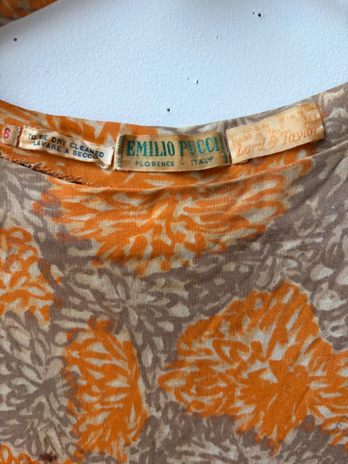 1960&rsquo;s Emilio Pucci for Lord & Taylor silk jersey knit orange and tan floral