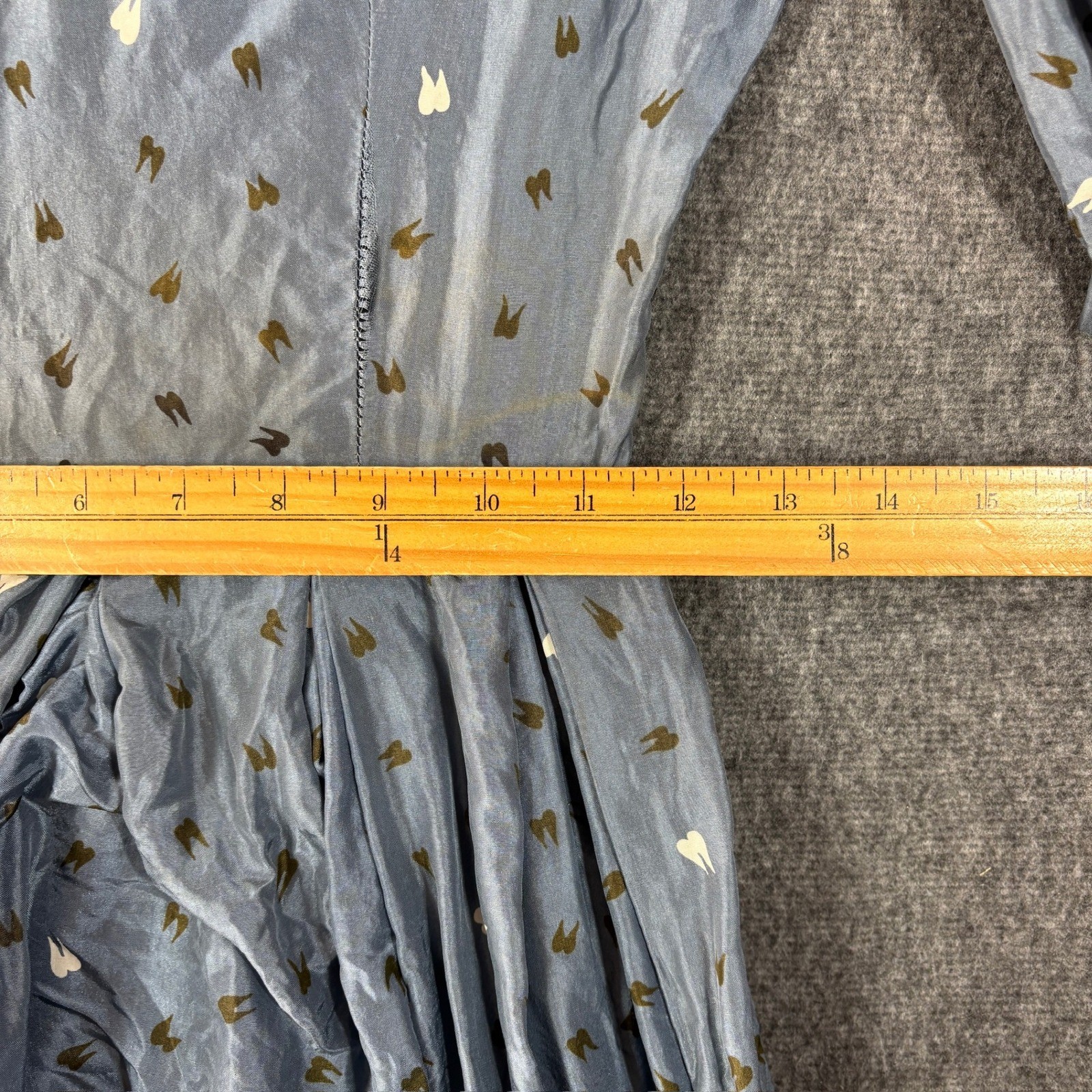 Vintage 50s Fit Flare Novelty Print Dress Blue Grey Silk Study Restoration Piece