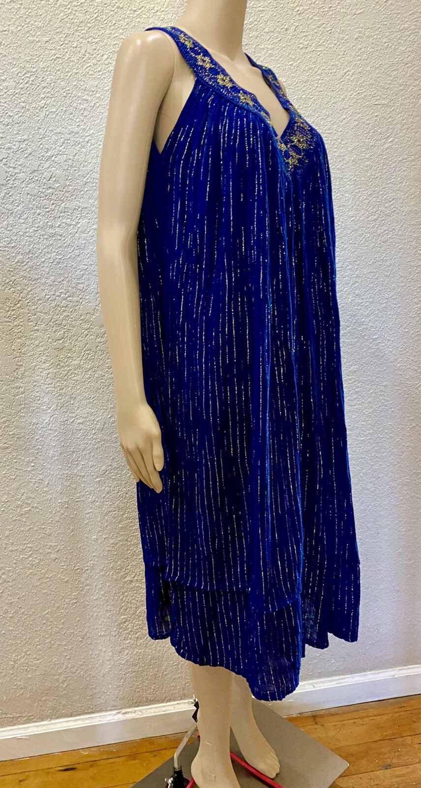 70s Boho Indigo Blue Sheer Cotton Gauze Gold Metallic Crochet Lace Sundress OS