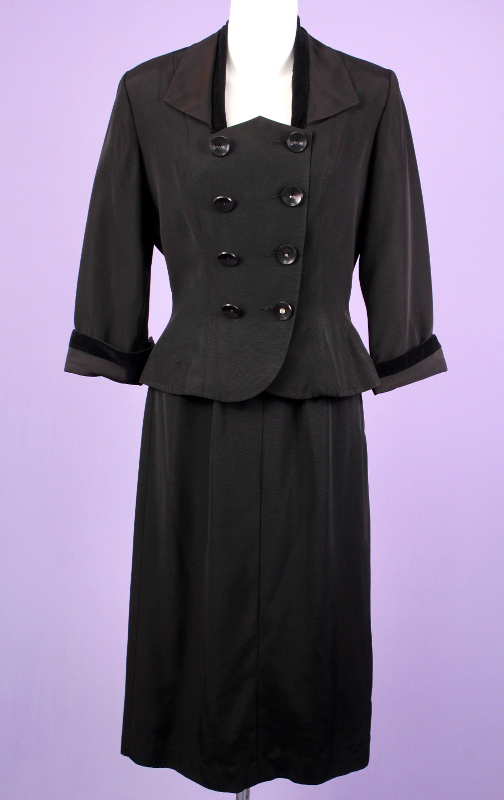 VTG Womens 50s 2 Pc Black Velvet Trim Dress Suit XXS/XS 1950s Jacket & Skirt Set