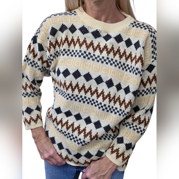 Vintage 80s Star Cody Geometric Knit Sweater Fair Isle Nordic Crewneck M L