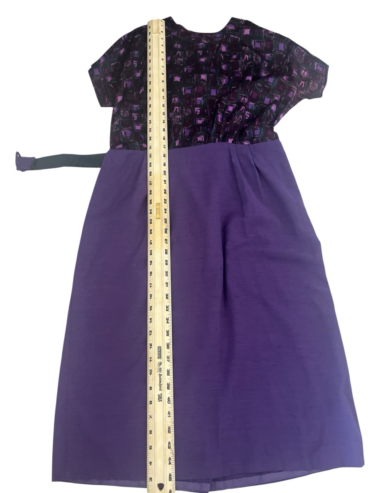 Vtg 50s Atomic Print Dress L Purple Cap Sleeve Silk Solid Skirt Belt Pencil Rare