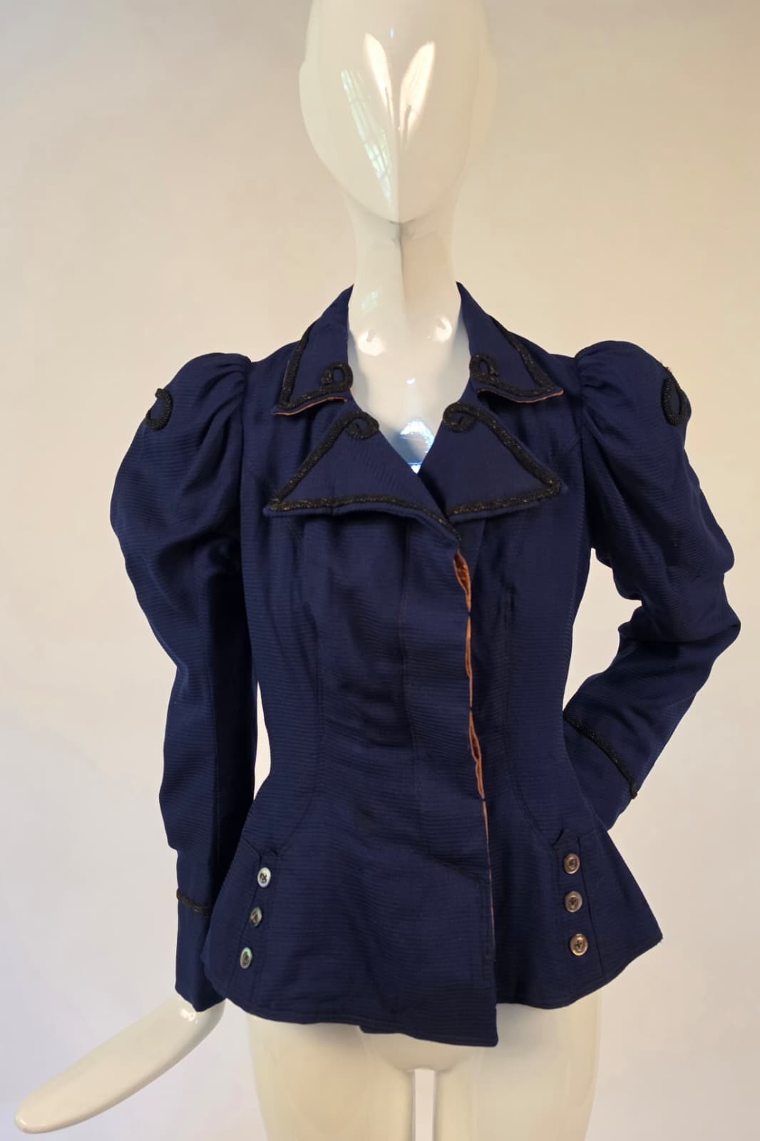 VICTORIAN 1890’S BUSTLE BACK JACKET W PUFF SLEEVES + SOUTACHE DETAIL