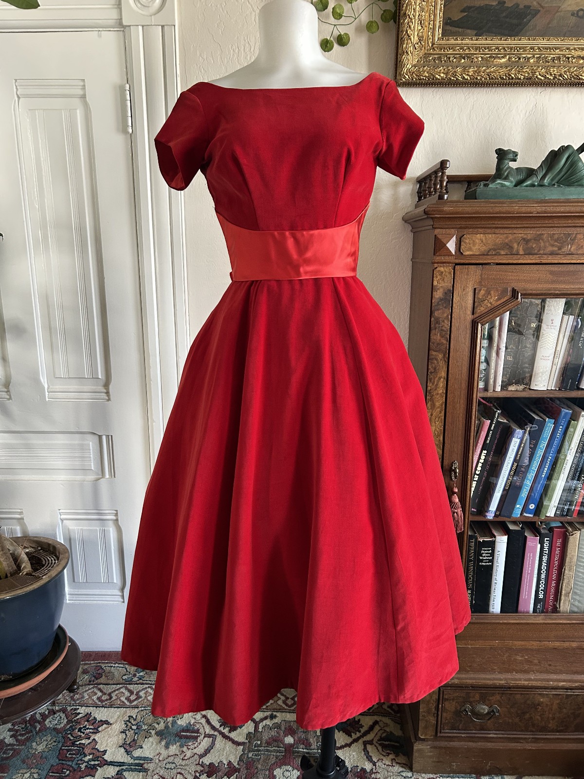 Vintage 1950s Ruby Red Velvet Party Dress Satin Sash Full Skirt XS Formal Bow