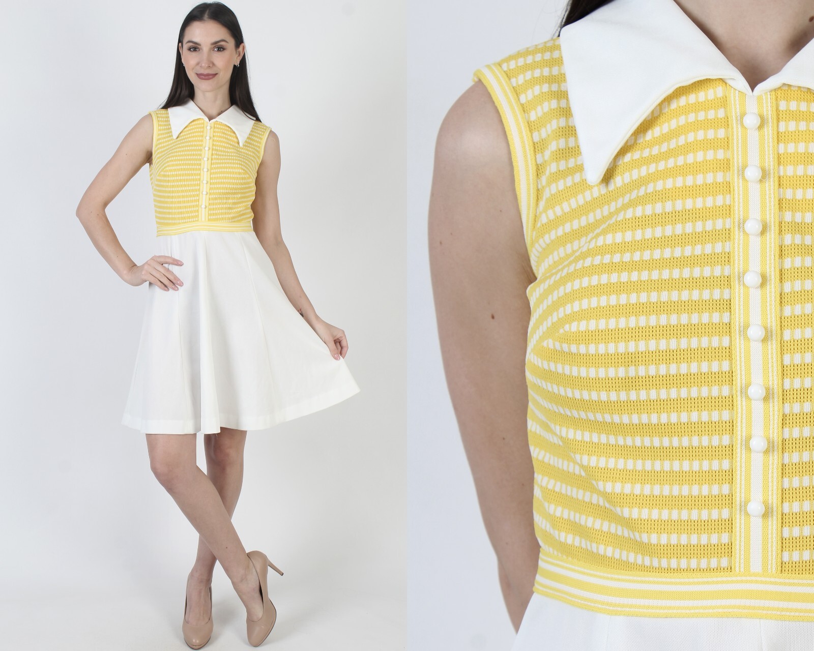 Vintage 60s Go Go Scooter Dress Dagger Collar Mod Tennis Striped Mini Sundress