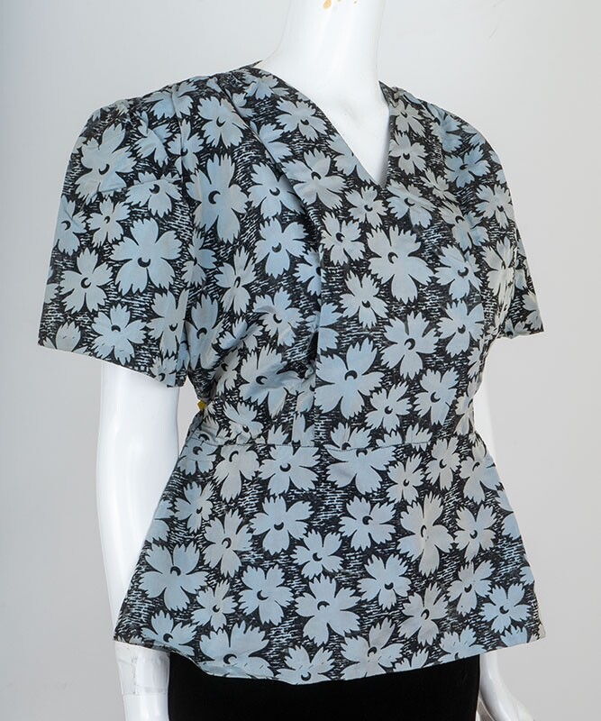 Vintage 1950s Flocked Satin Taffeta Tailored Blouse B 42&Prime;-44&Prime; W 34&Prime;