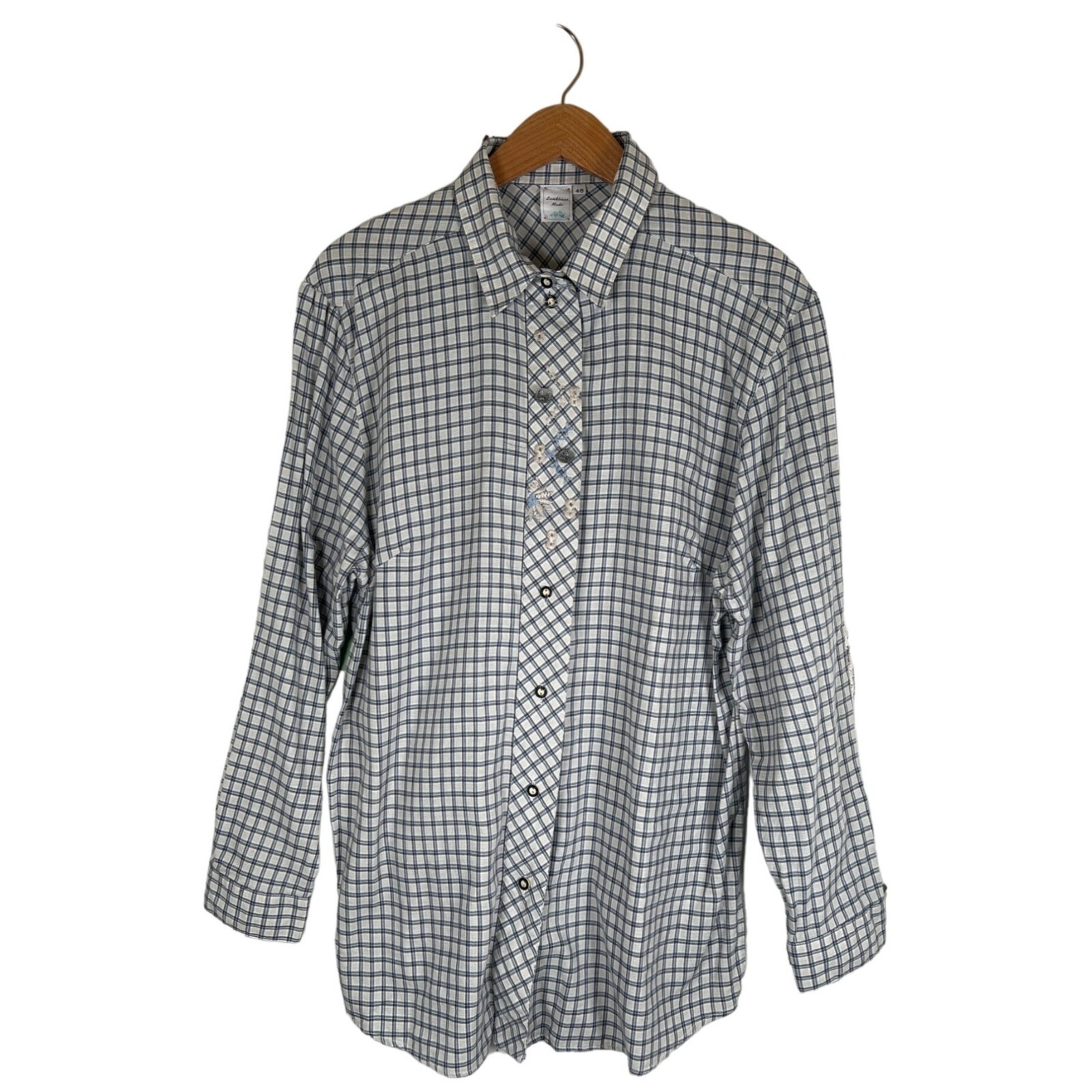 VTG Landhaus Mode Womens Size 46 Shirt Cotton Blue Check Embroidery Germany EUC