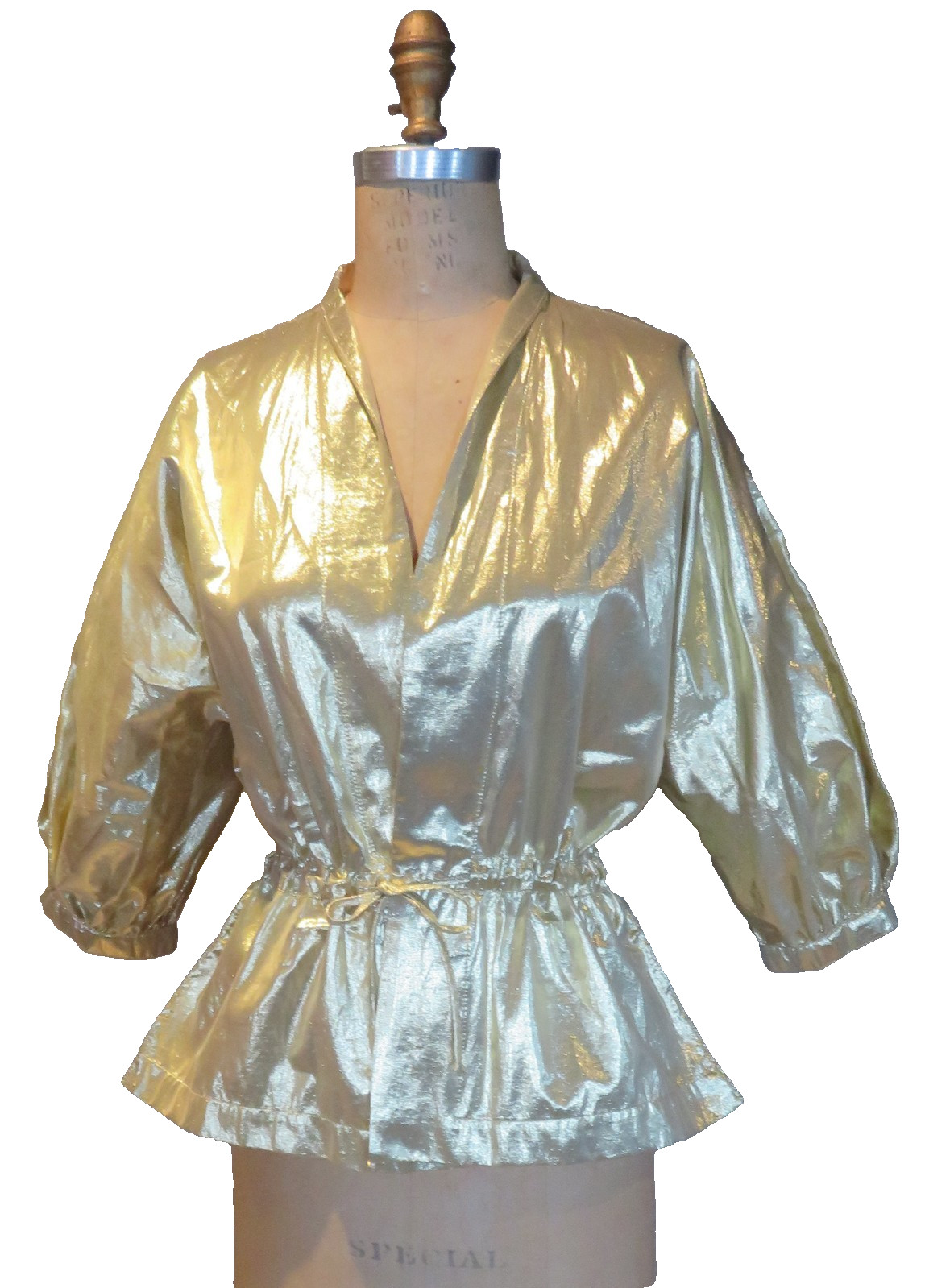 Gold Lame’ Light Jacket S/M Puffed Sleeve Gathered waist Christine Albers Vtg