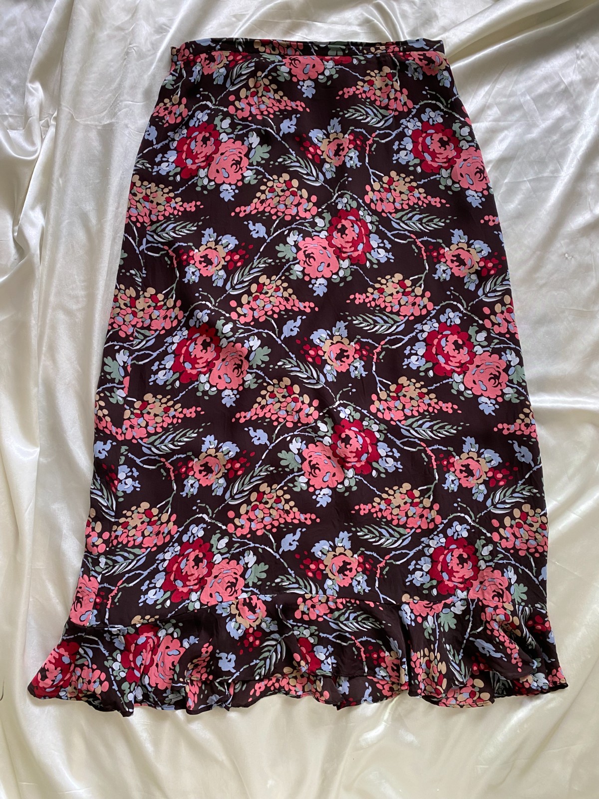 Vintage 1990s 100% Silk Floral Boho Maxi Skirt Harold&rsquo;s Size 10 Ruffle