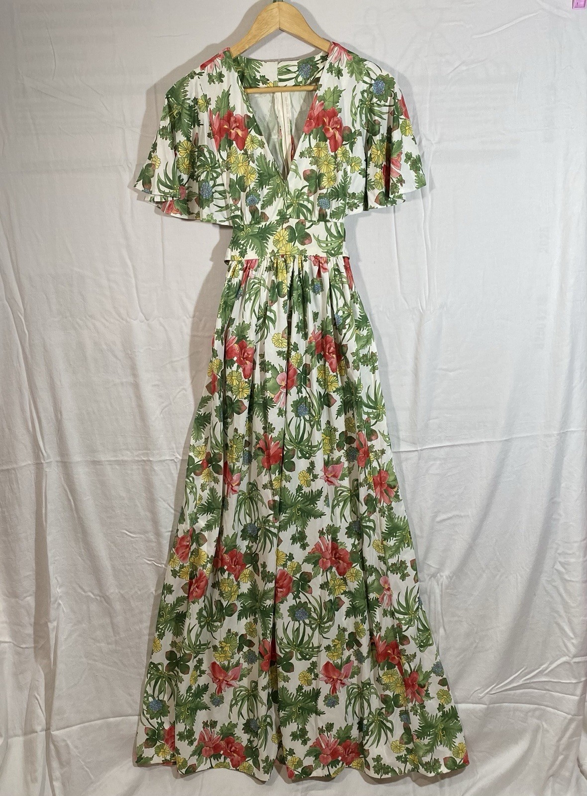 Vintage 70s Handmade Maxi Dress Empire Waist Tie Back Flutter Sleeve READ