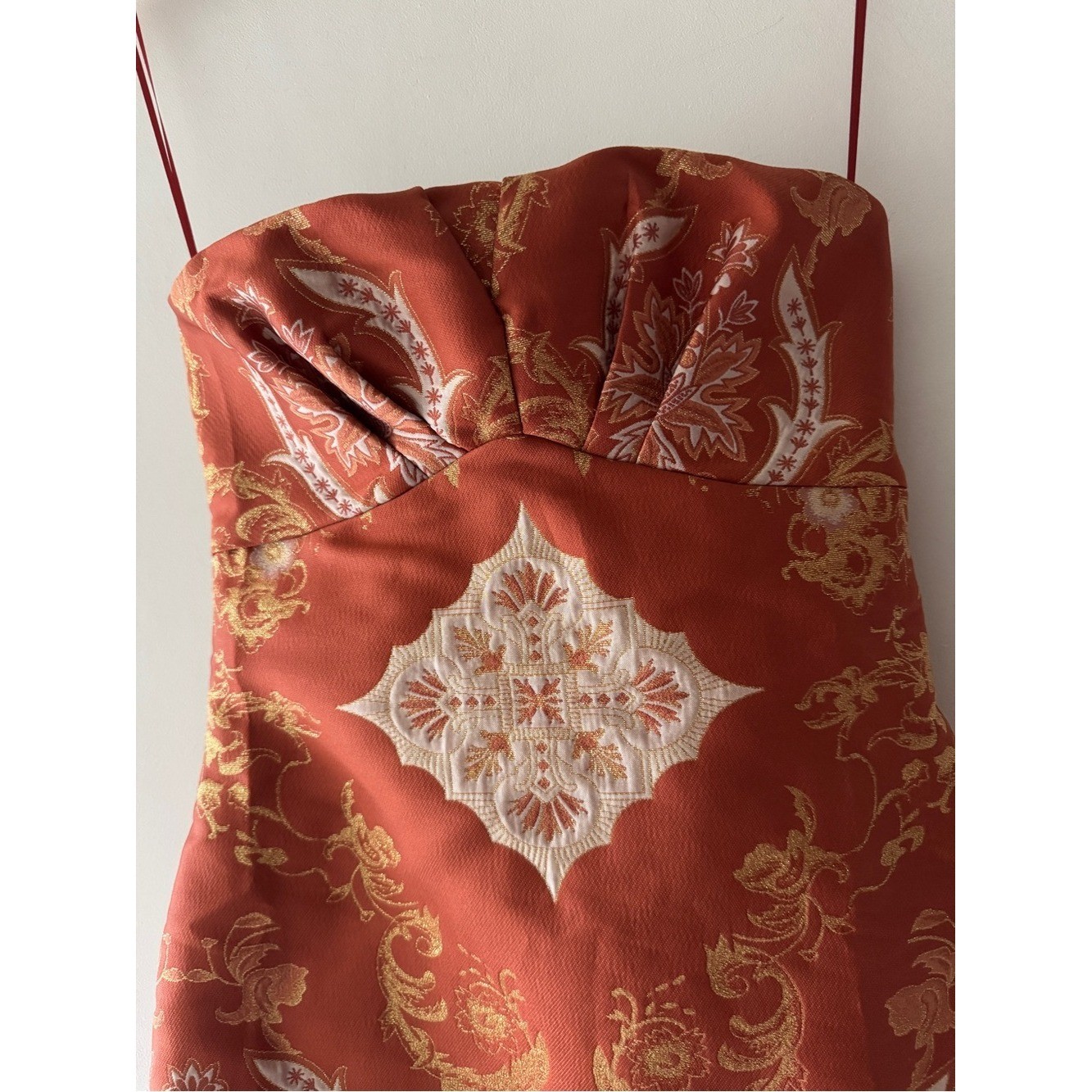 Free People Strapless Copper Metallic Burnt Orange Gold Vintage Details Dress