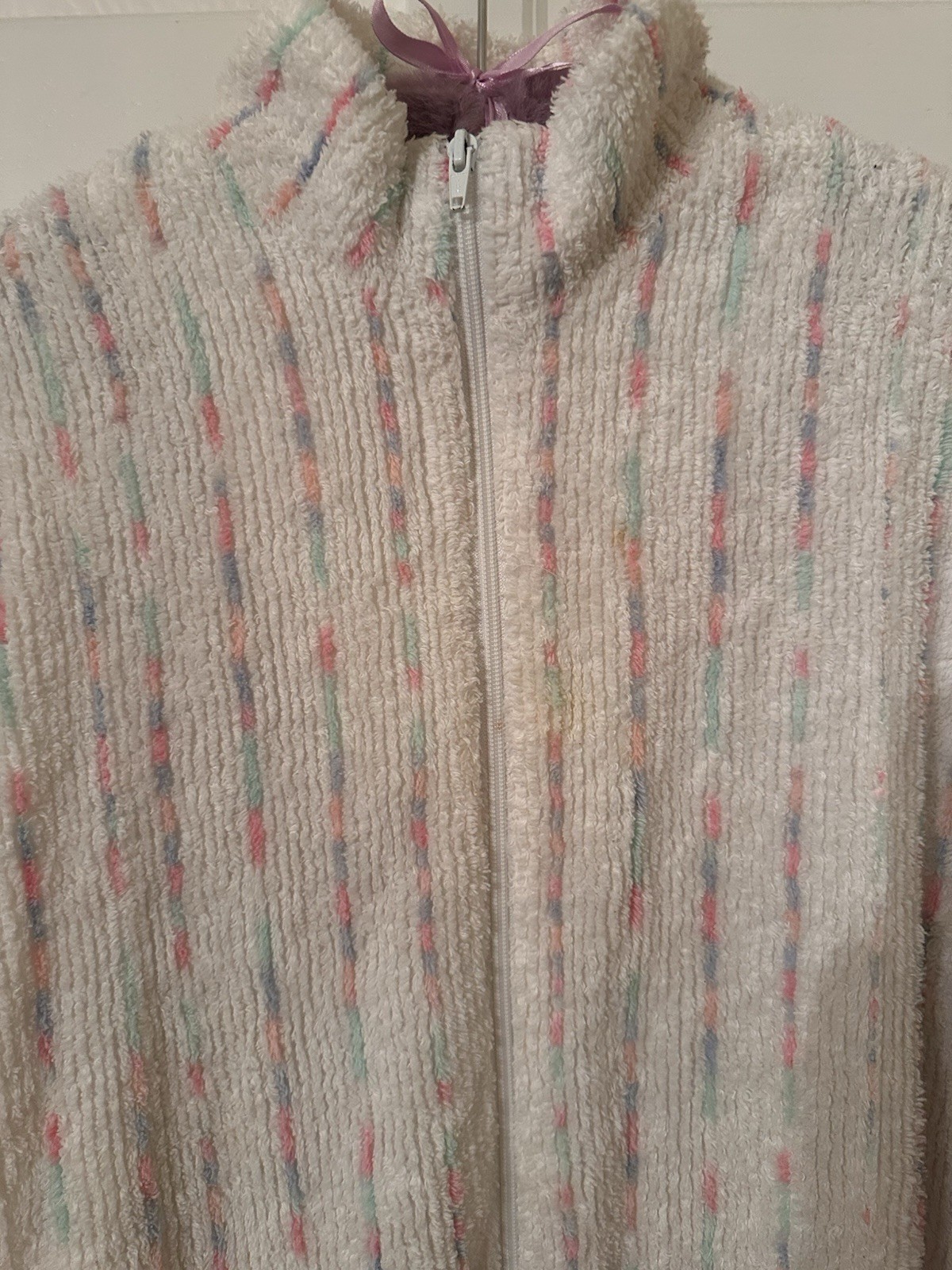Vtg Stan Herman Chenille Zip Robe White Multicolor Striped Housecoat Pockets M L