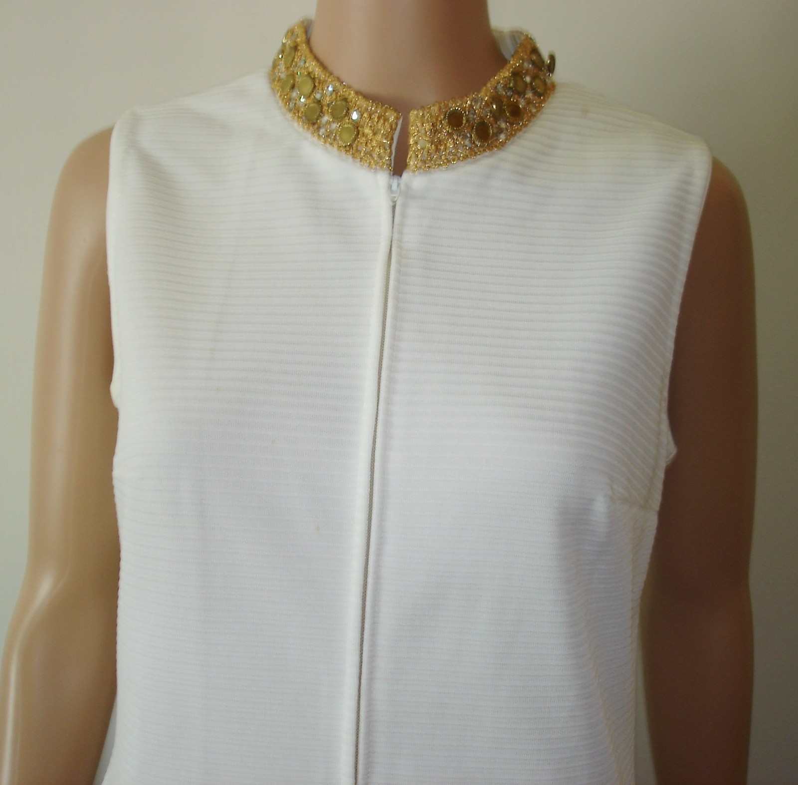 Vtg Cabot Mini Dress Rhinestone Collar & Faux Pocket Details Textured Polyester