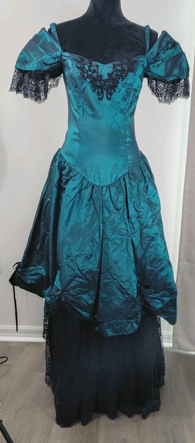 VTG 80s Alfred Angelo Teal Taffeta Black Lace Prom Dress Drop Waist Gown S 9
