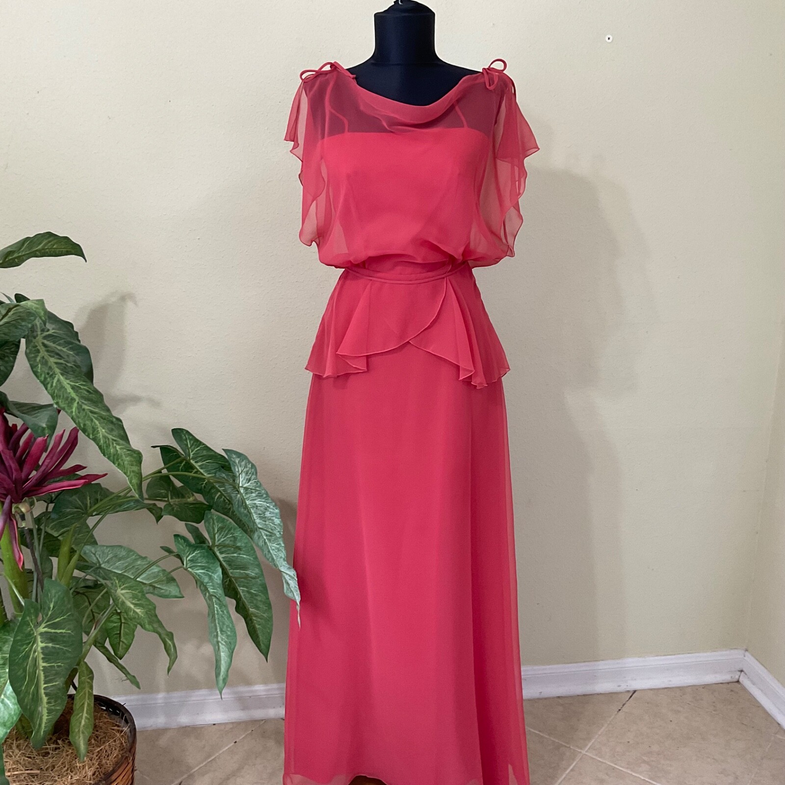 Vtg. House of Bianchi Formal modest maxi dress Chiffon Illusion est. Sz XS Flaws