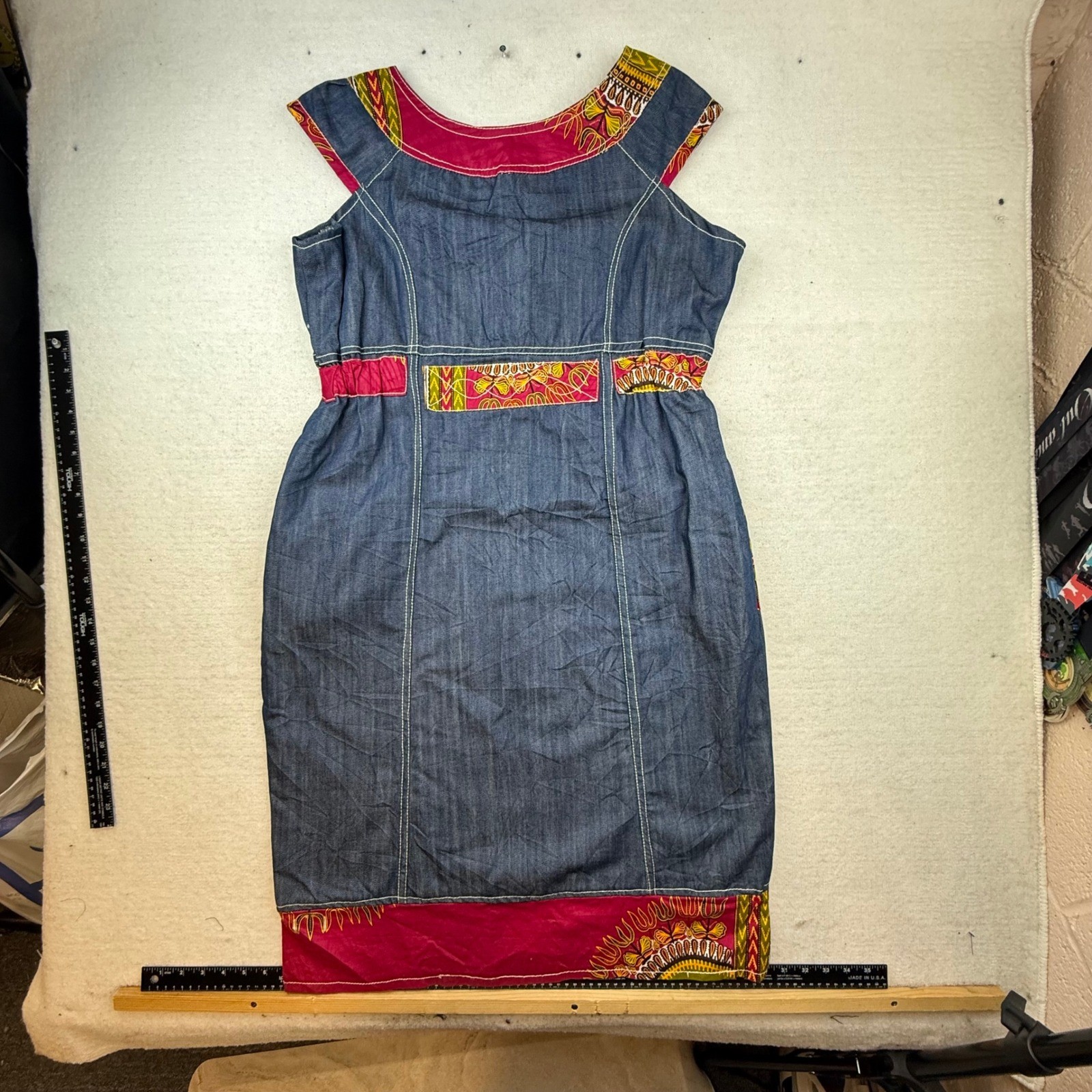 Denim Patchwork Dress Tribal Print Zip Front Pockets homemade boho artisan RARE