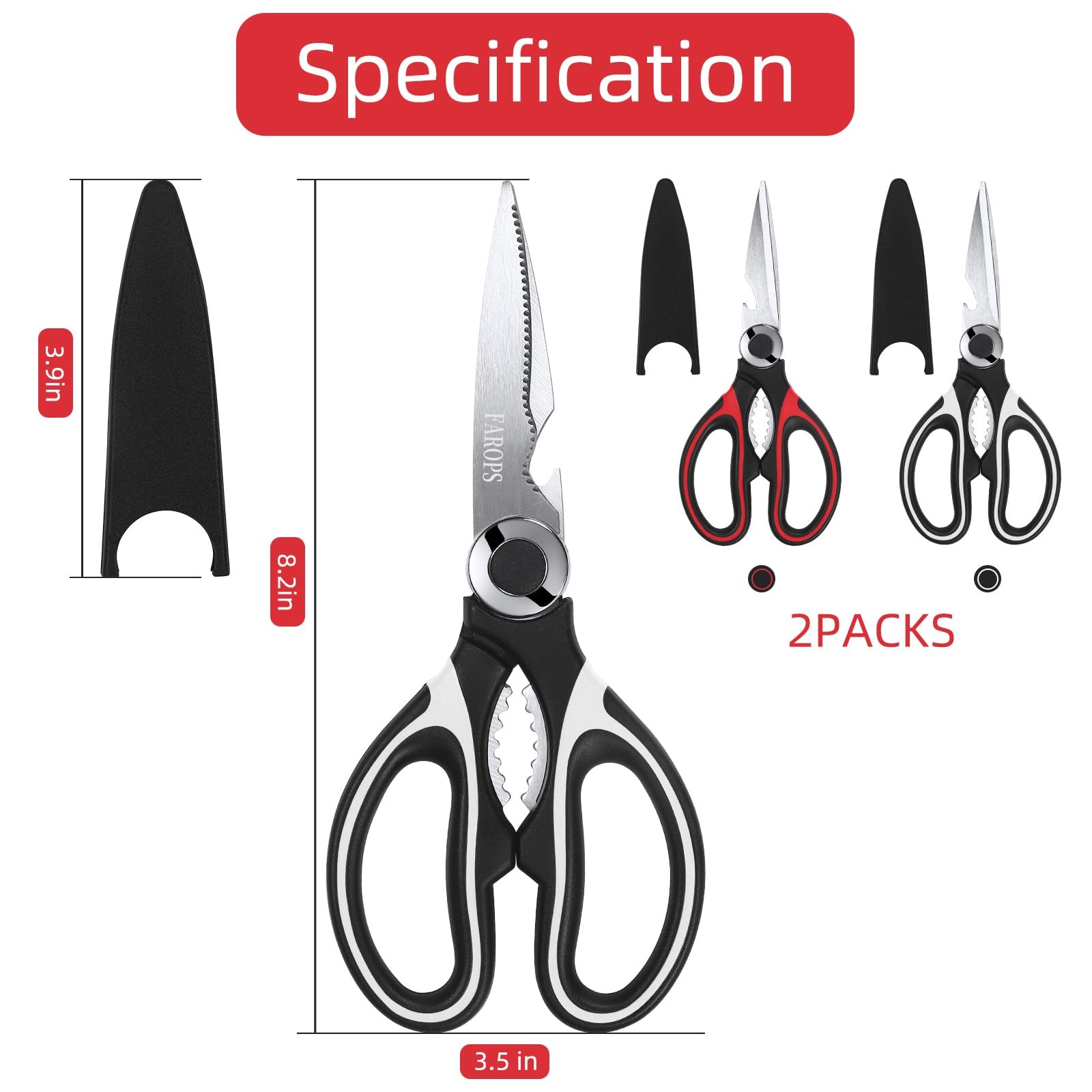 Kitchen Shears 2-Pack, Heavy Duty Meat Scissors, Stainless Steel, Dishwasher Saf