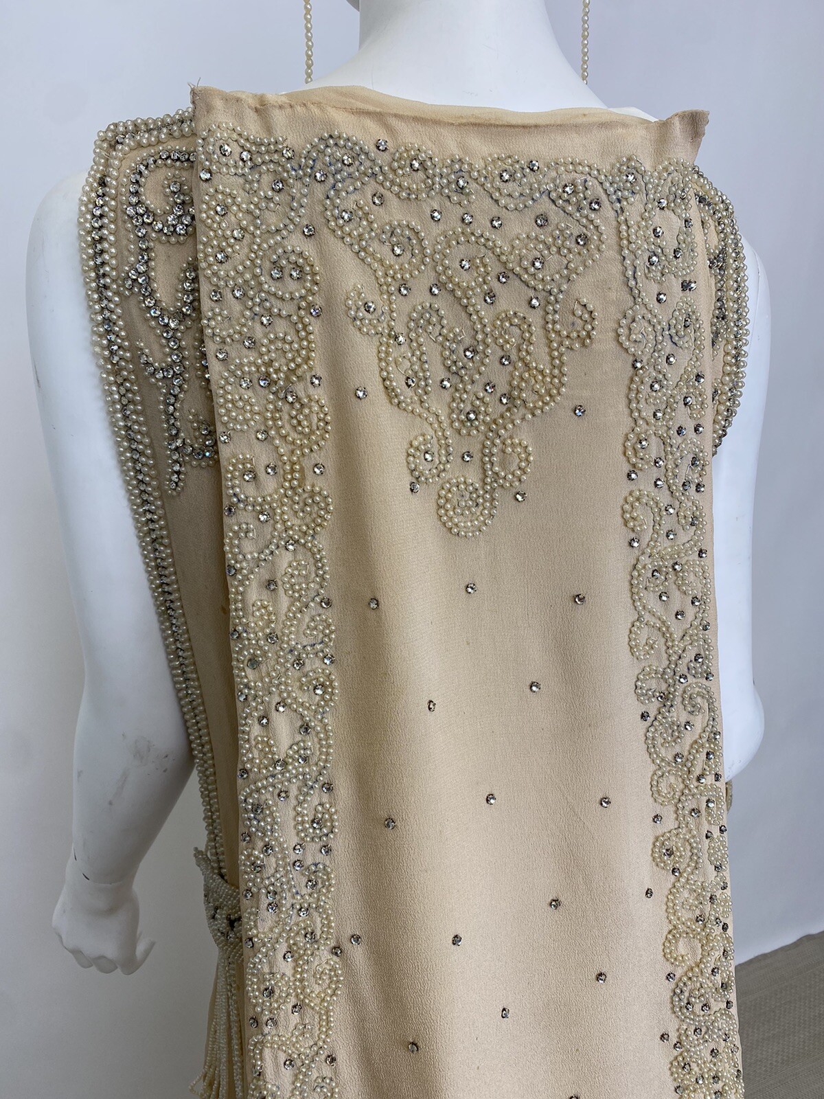 Real Antique 1920s Flapper Wedding Gown Train Headpiece Pearls Rhinestones