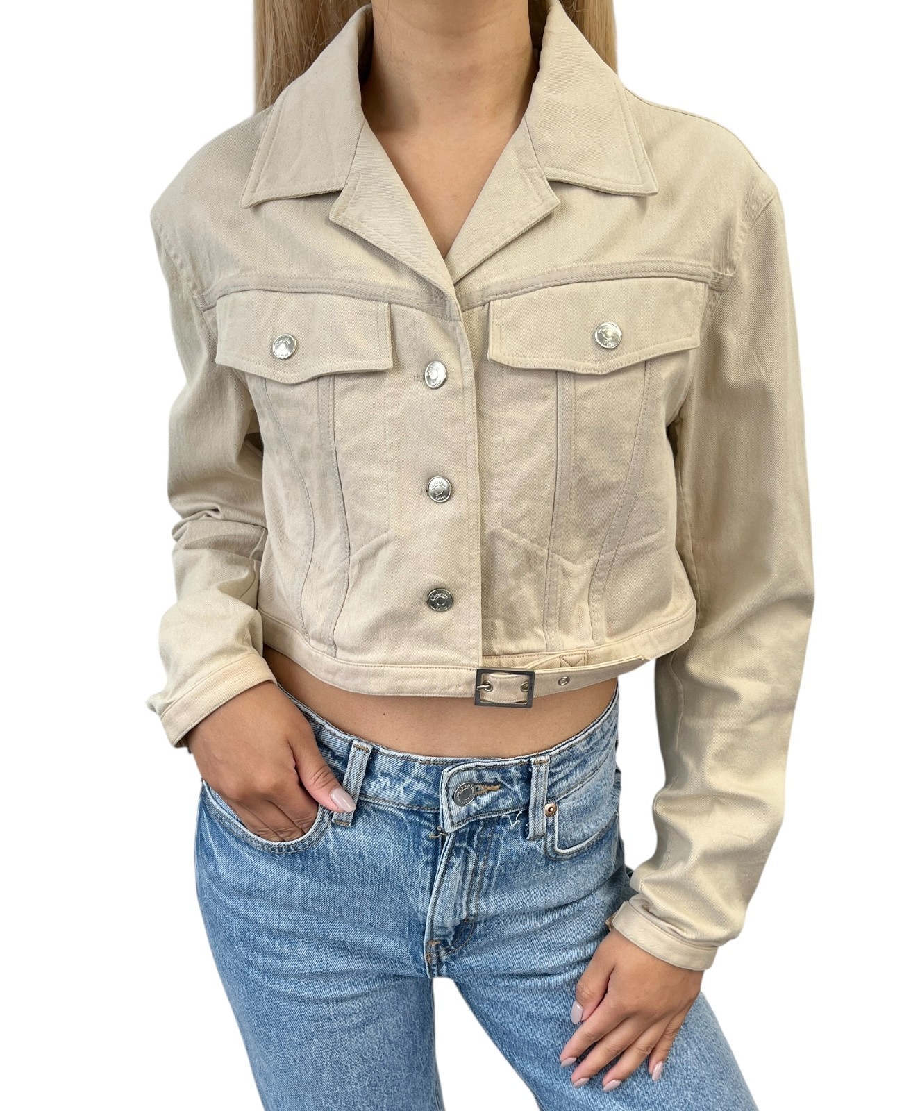 Christian Dior Vintage 2001 Cropped Denim Jacket #38 Beige Long Sleeve Cotton