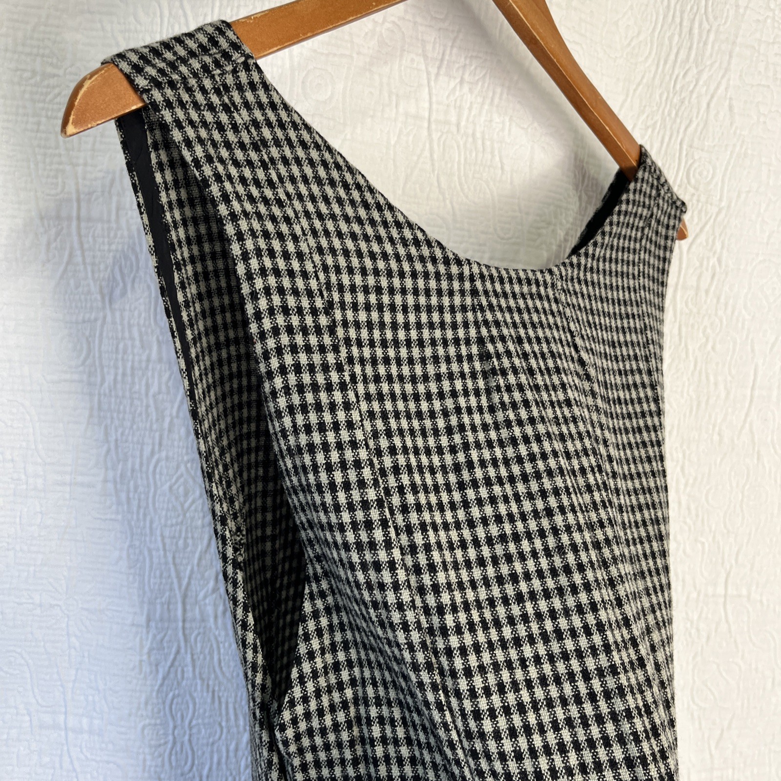 Vintage Wool Gingham Plaid Jumper Dress Pinafore Black Grey Homemade Pullover M