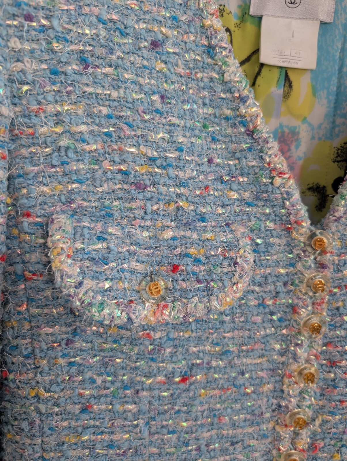 Chanel 1997 Confetti Fantasy Tweed Coat Blue Jacket Camellia Print Silk Dress 40