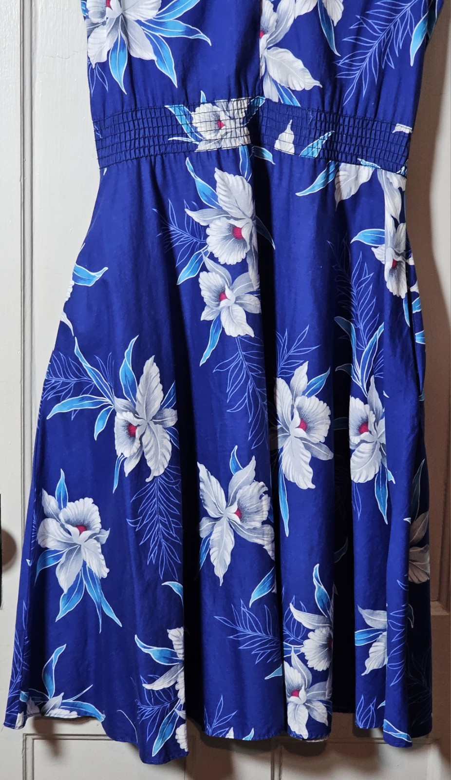 VGT 90s Banana Bay Dress Size M Blue Cotton Tropical Floral Hawaiian Hibiscus