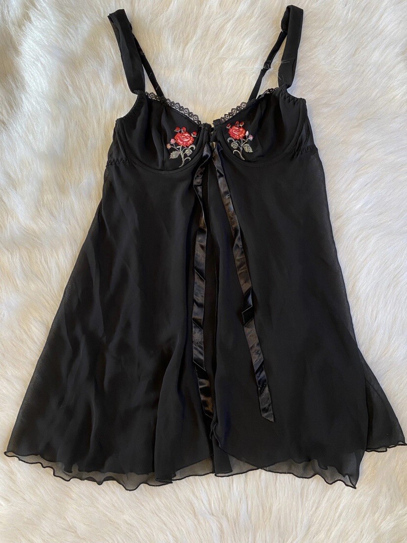 Vintage Gilligan & O’Malley Lingerie Womens Size Medium Black Floral Black Sheer