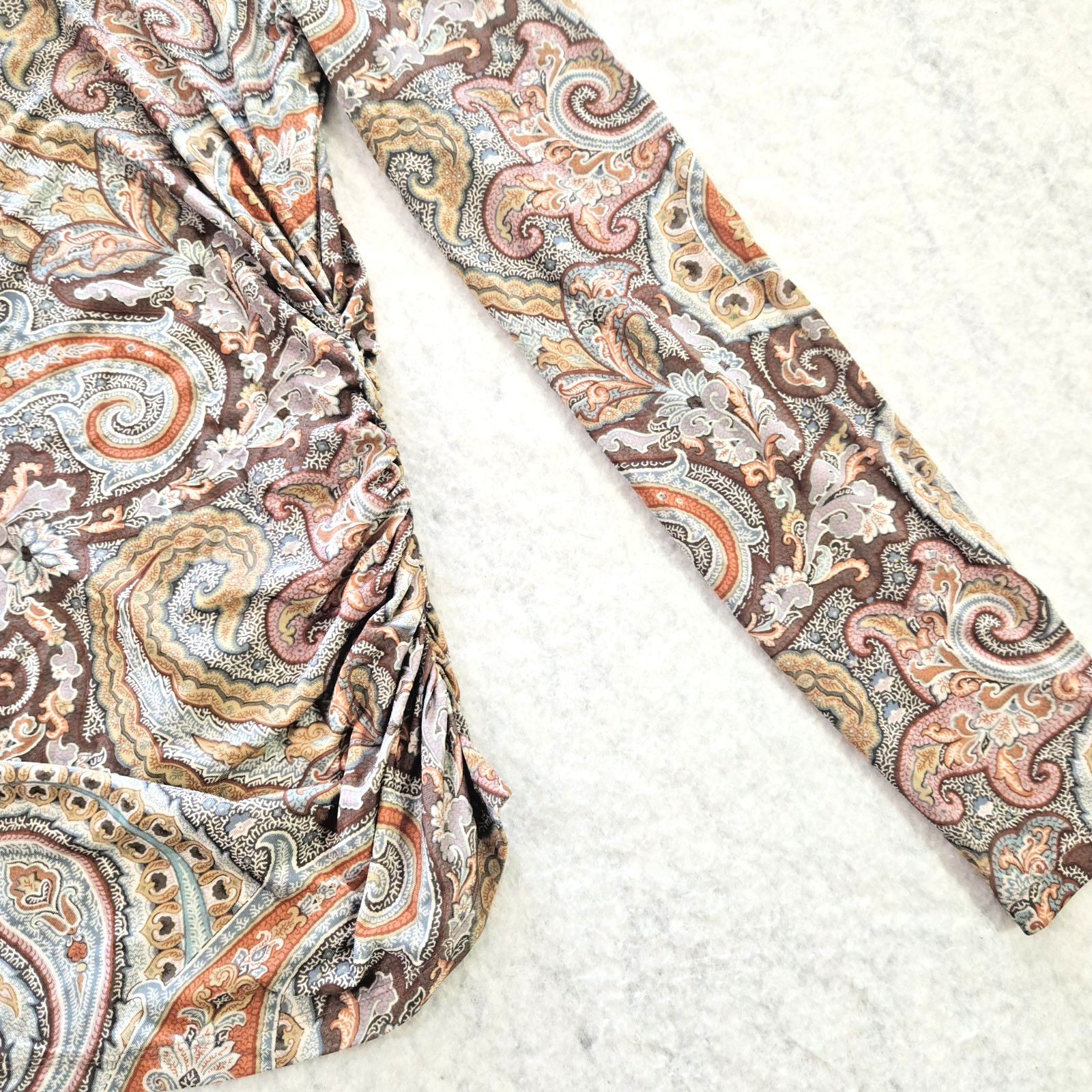 Vintage CARLISLE Paisley Fitted Shirt Women&rsquo;s 12 Stretch Lightweight Ruched Top