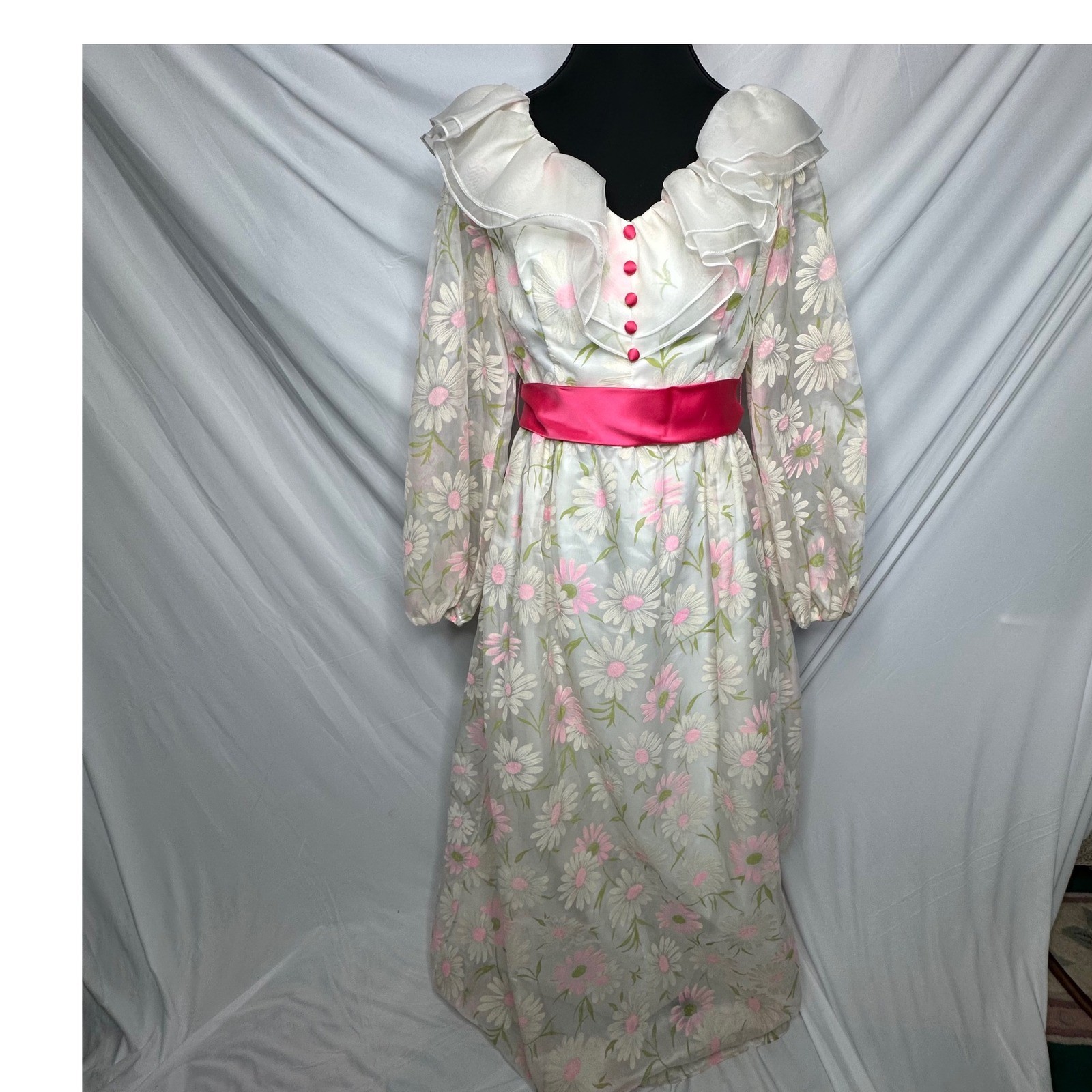 Lorrie Deb Vintage Floral Ruffle Maxi Dress Pink Daisy 1960s Chiffon Cottagecore