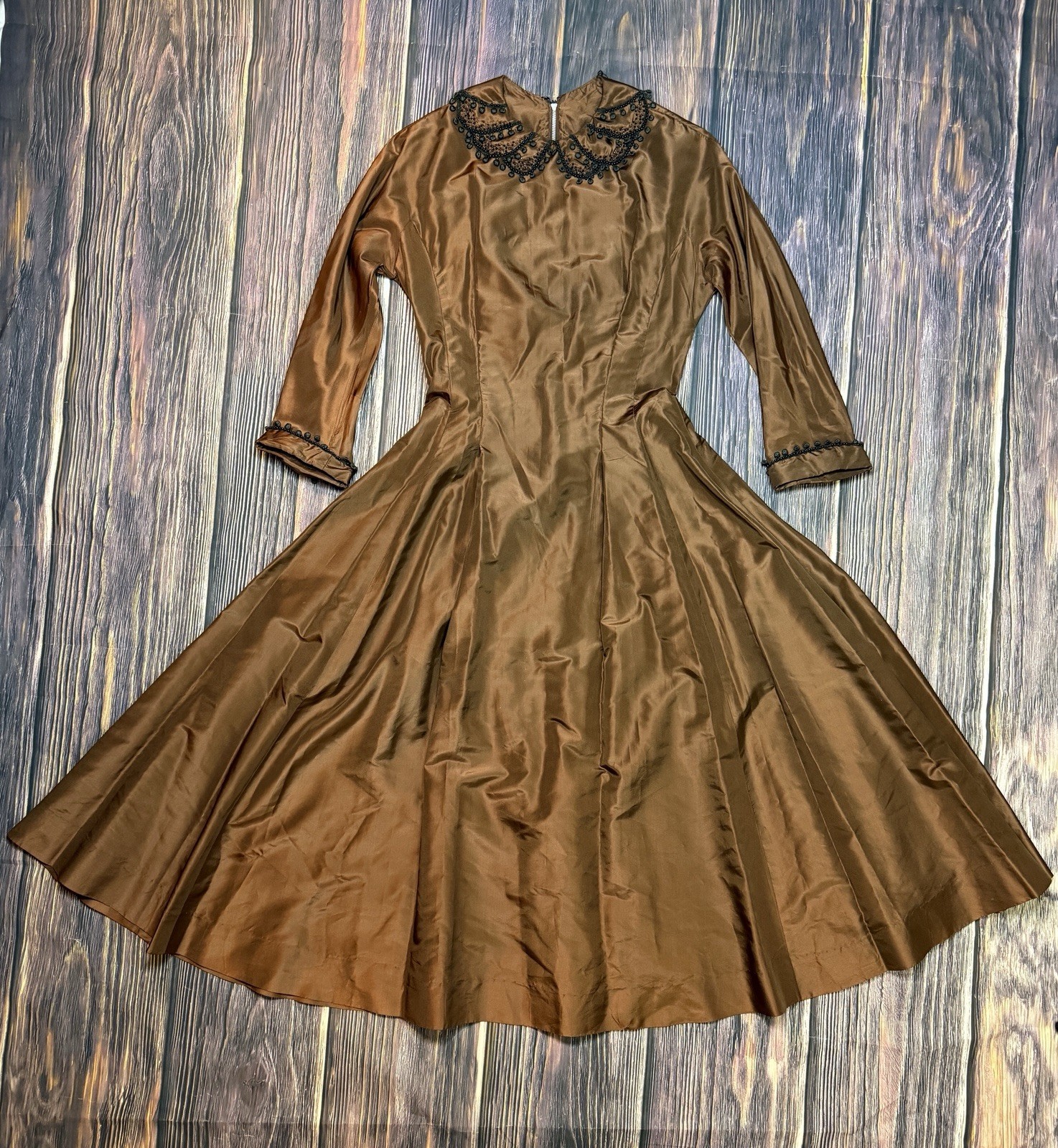 Vintage 50s Copper Victorian Goth Fit & Flare Cocktail Dress Beaded Collar SM/XS