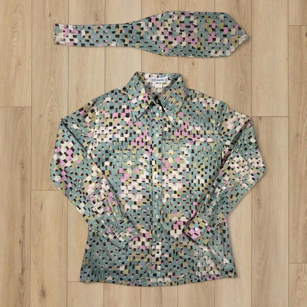 Vintage 70s Christian Dior Geometric Blouse Dagger Collar With Matching Scar/tie