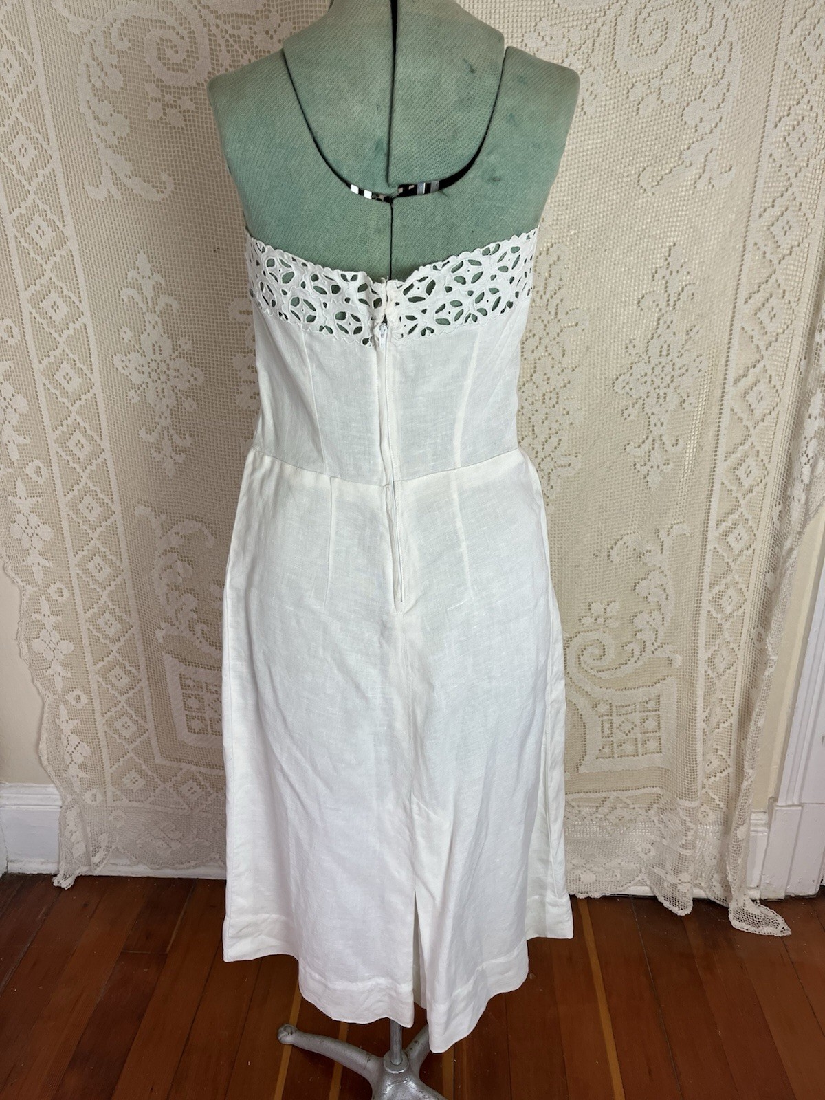 Vintage 1940s White Linen Strapless Dress Cutwork Summer Formal Wedding 40s