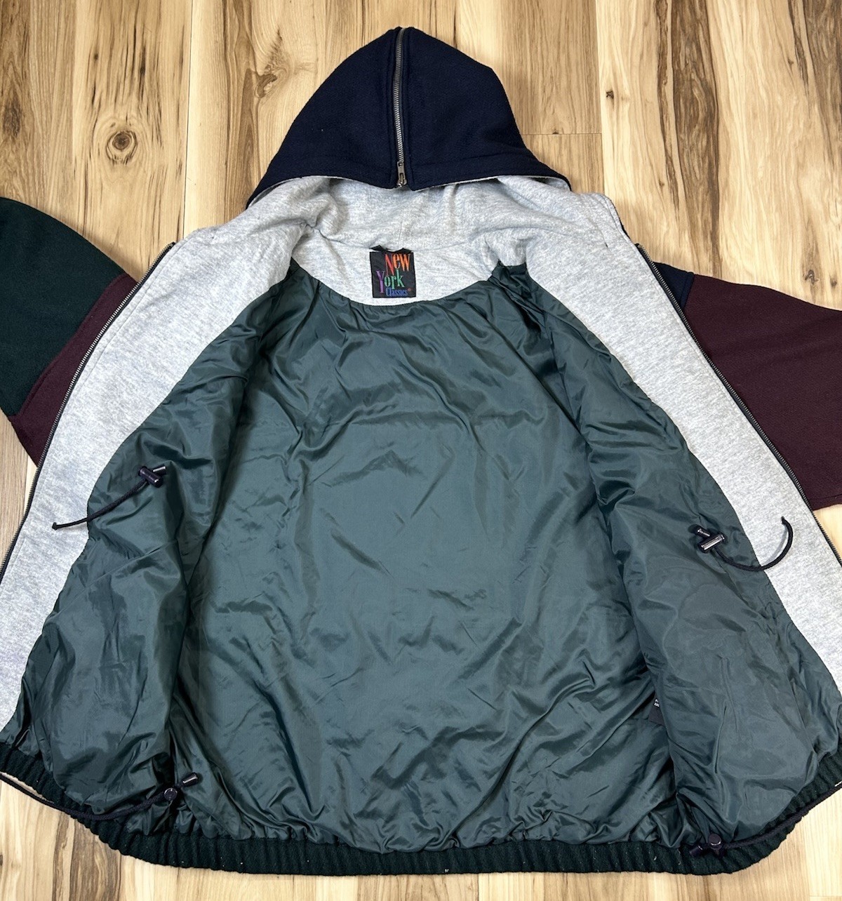 Vintage 1990s Wool Bomber Jacket New York Classics Zip Flat Hooded 3XL Coat