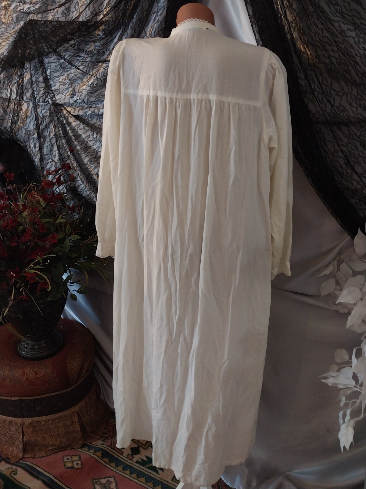 Vtg COTTON GAUZE MAXI ETHEL CAIN STYLE ESQUE PRAIRIE DRESS CROCHET LACE PIN TUCK