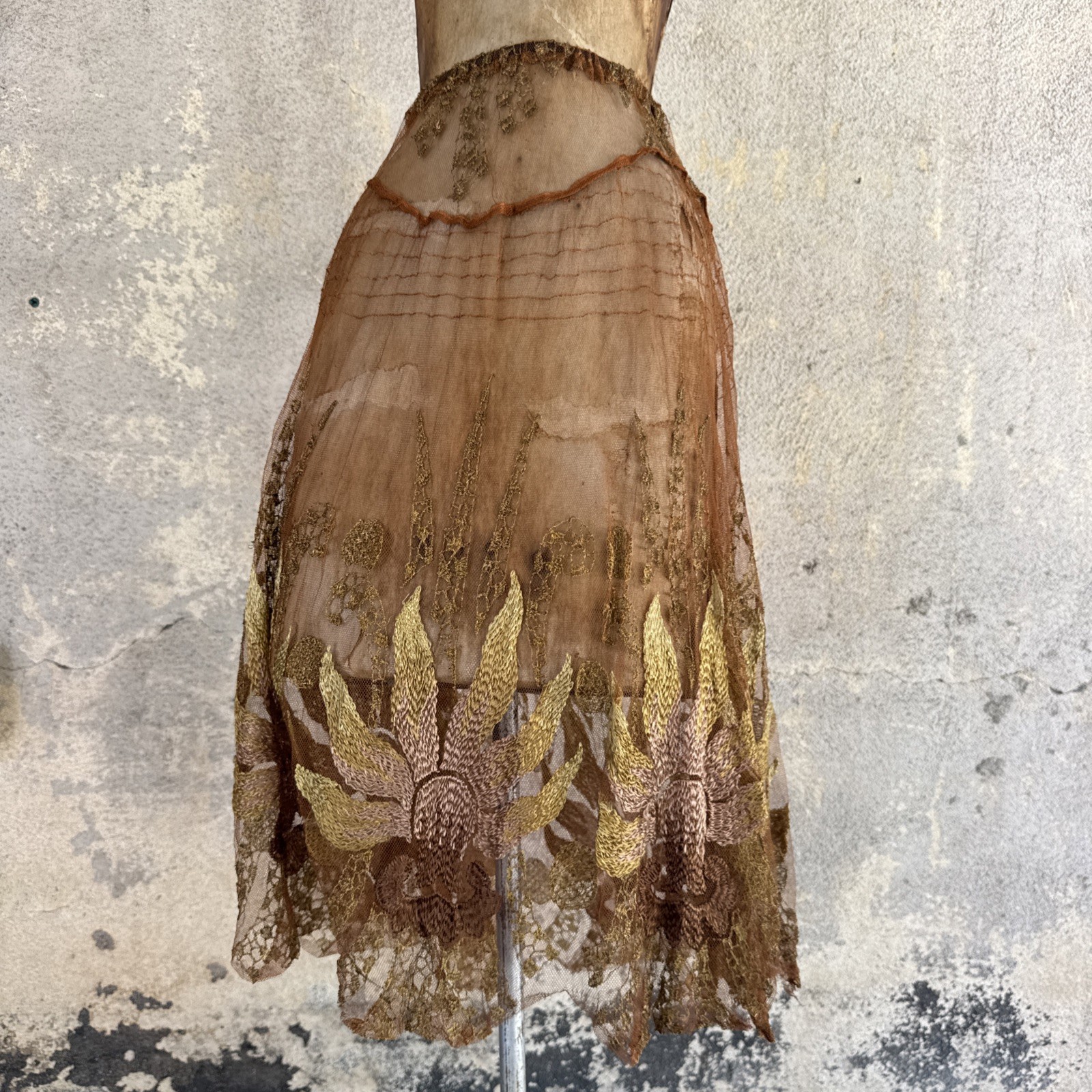 Antique 1920s Copper Net Skirt Silk & Metallic Embroidery Dress Vintage