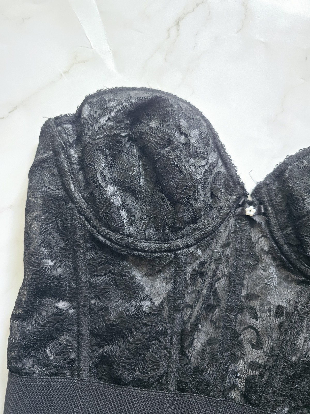 Sears Black Lace Vintage Bustier Longline Pinup Underwire Strapless Bra 36C