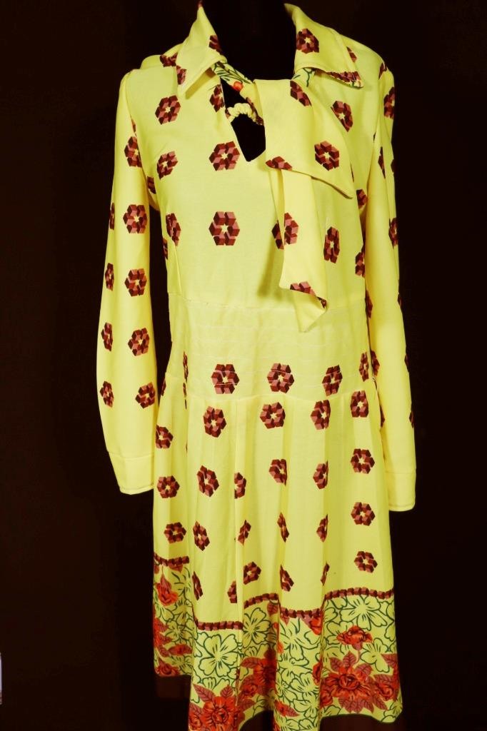 Vintage 1970&rsquo;s French Yellow Poly Geo Print Dress Size 10+