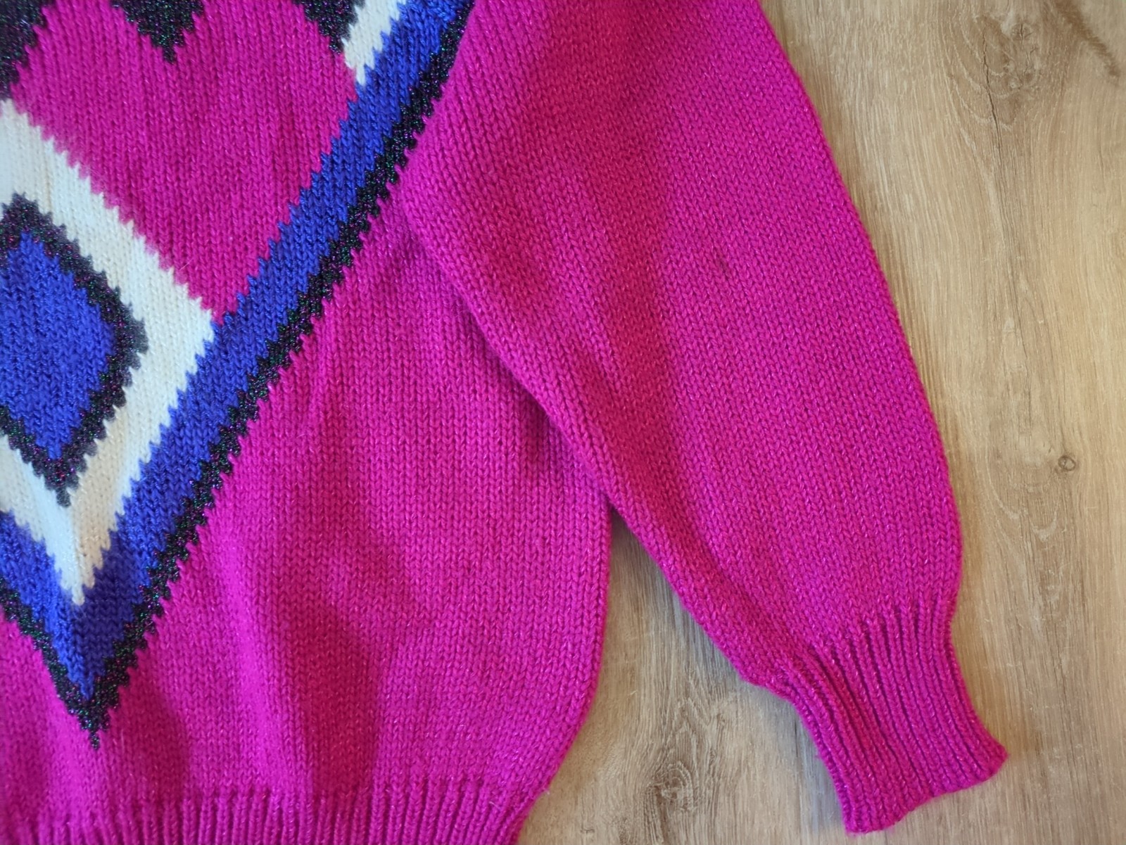 Vintage Bold Geometric Angora Wool Blend Top Fuschia Embellished 80s Mom Sweater