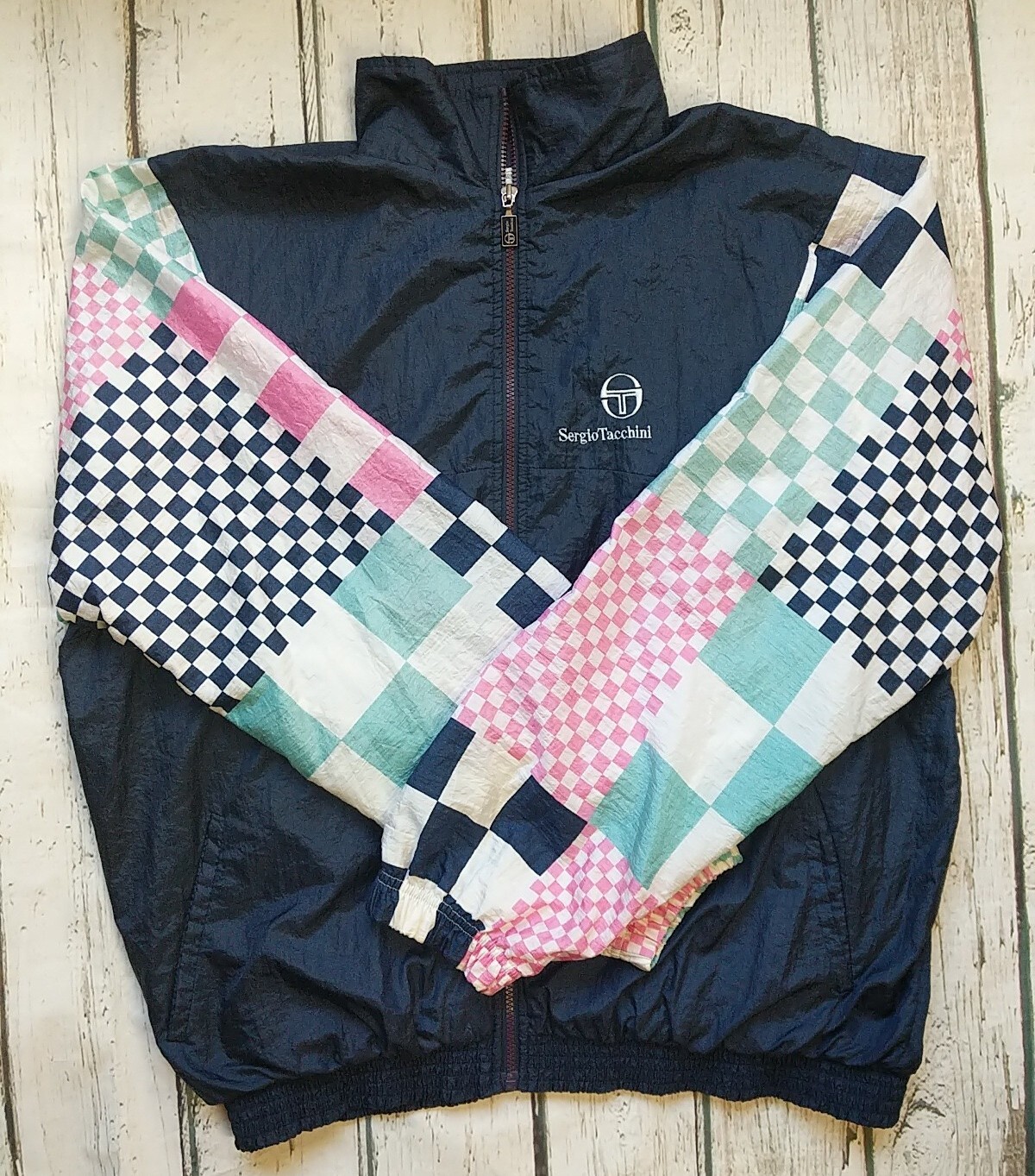 Vtg Sergio Tacchini Jogging Windbreaker Jacket~womens XLT~Blue Pink Check