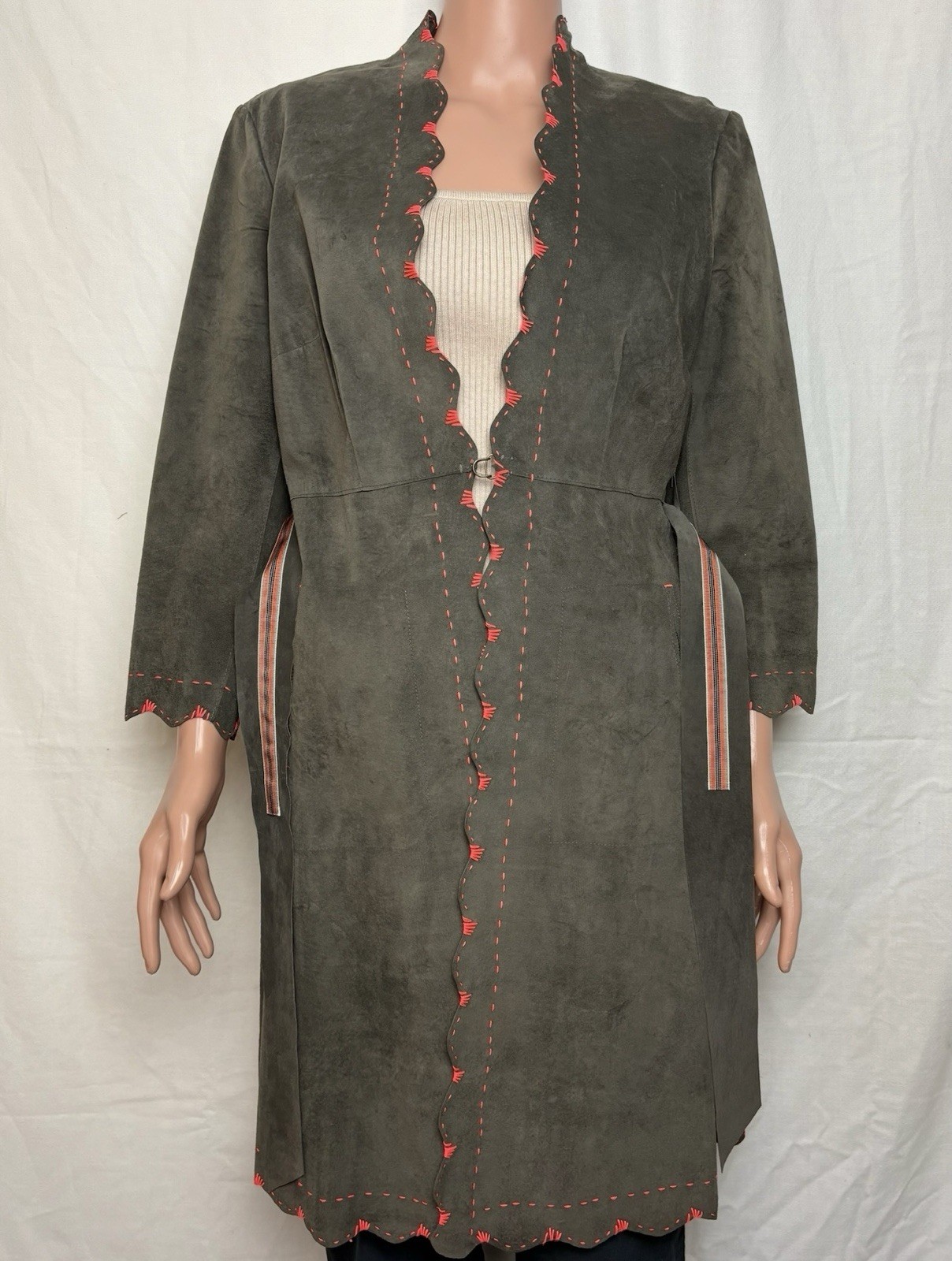 Rozae Nichols Suede Jacket w Belt Scalloped Hem Unique Boho Olive Green NWT