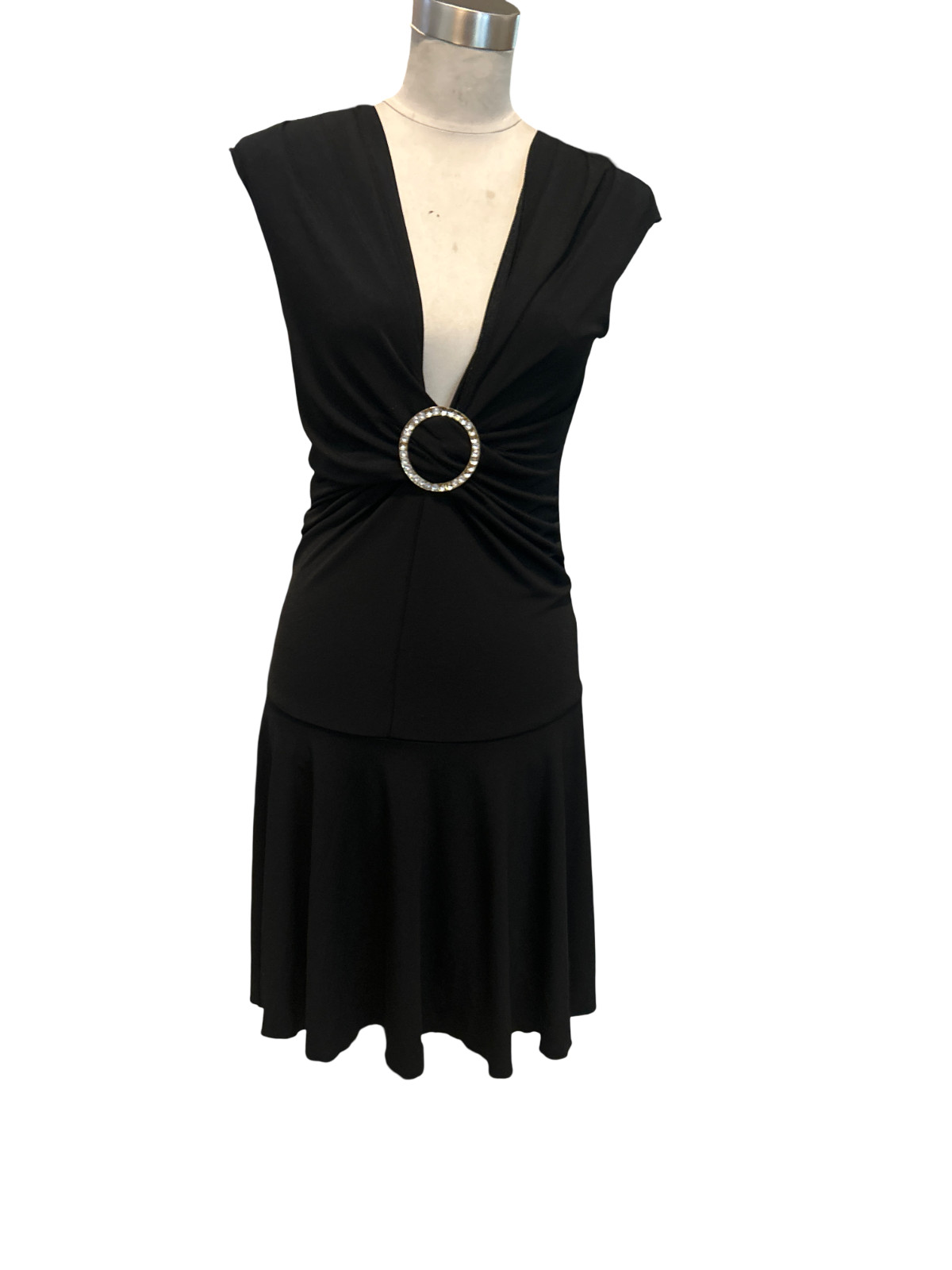 VINTAGE BY CHOICE Size L Mini Dress Y2K Cocktail Rhinestone O-Ring Plunge Neck