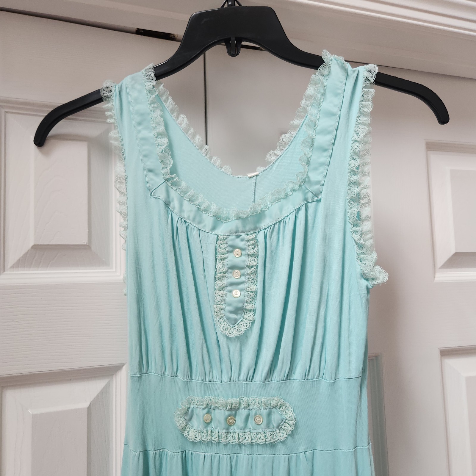Vintage Penney&rsquo;s Adona Mint Green Nightgown Long Lace Ruffles Tank Sz 34 READ