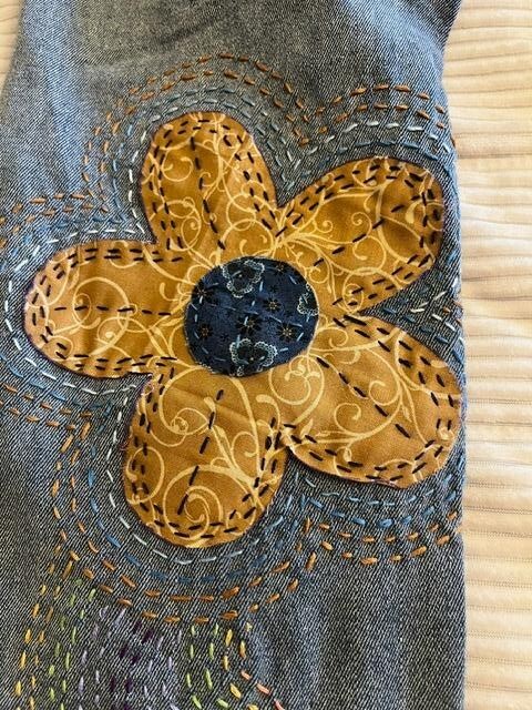 Totally hand patched embroidered upcycled custom Womens jeans 1 of a kind – Med