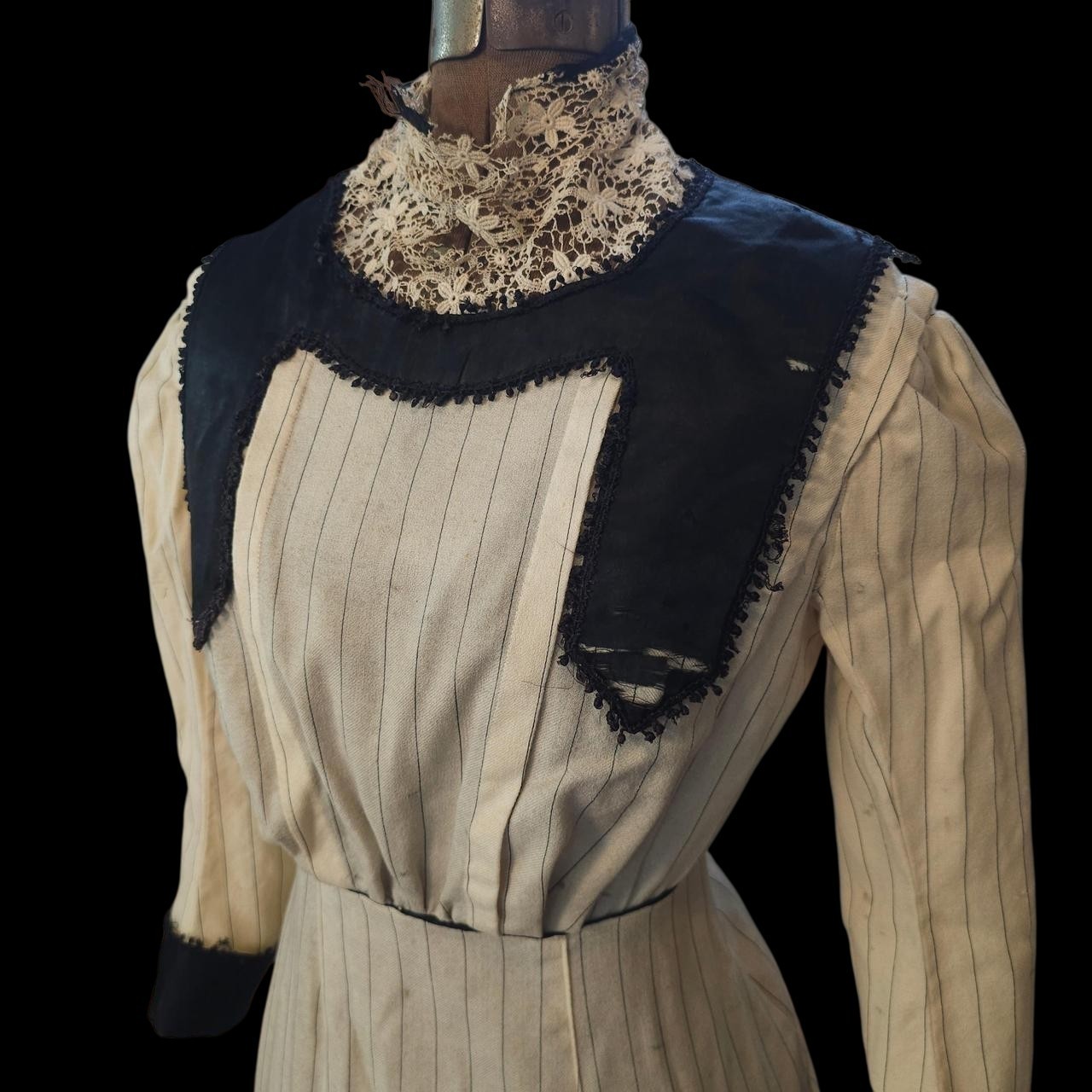 Antique Walking Suit 2 Pc Cream Pinstripe Purse Dress Black Trim Blazer Jacket