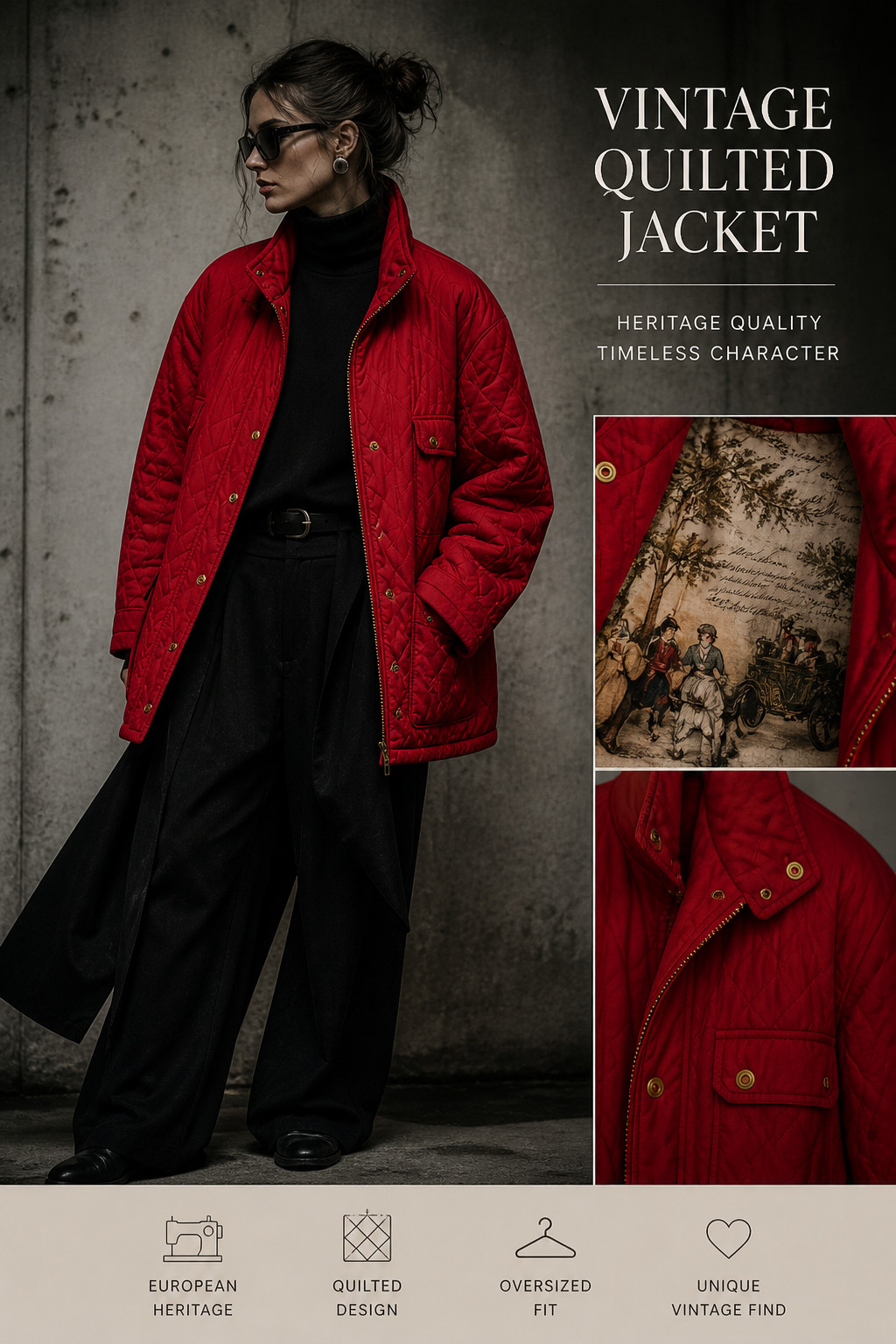 Vintage Antonette Haushofer Quilted Jacket Red Equestrian 44 46