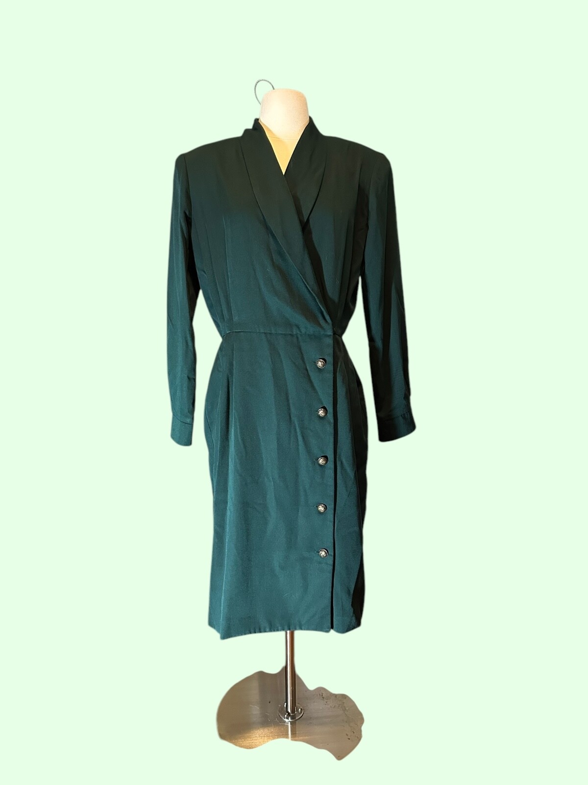 Vintage 80&rsquo;s Forest Green Retro button up career business dress size medium
