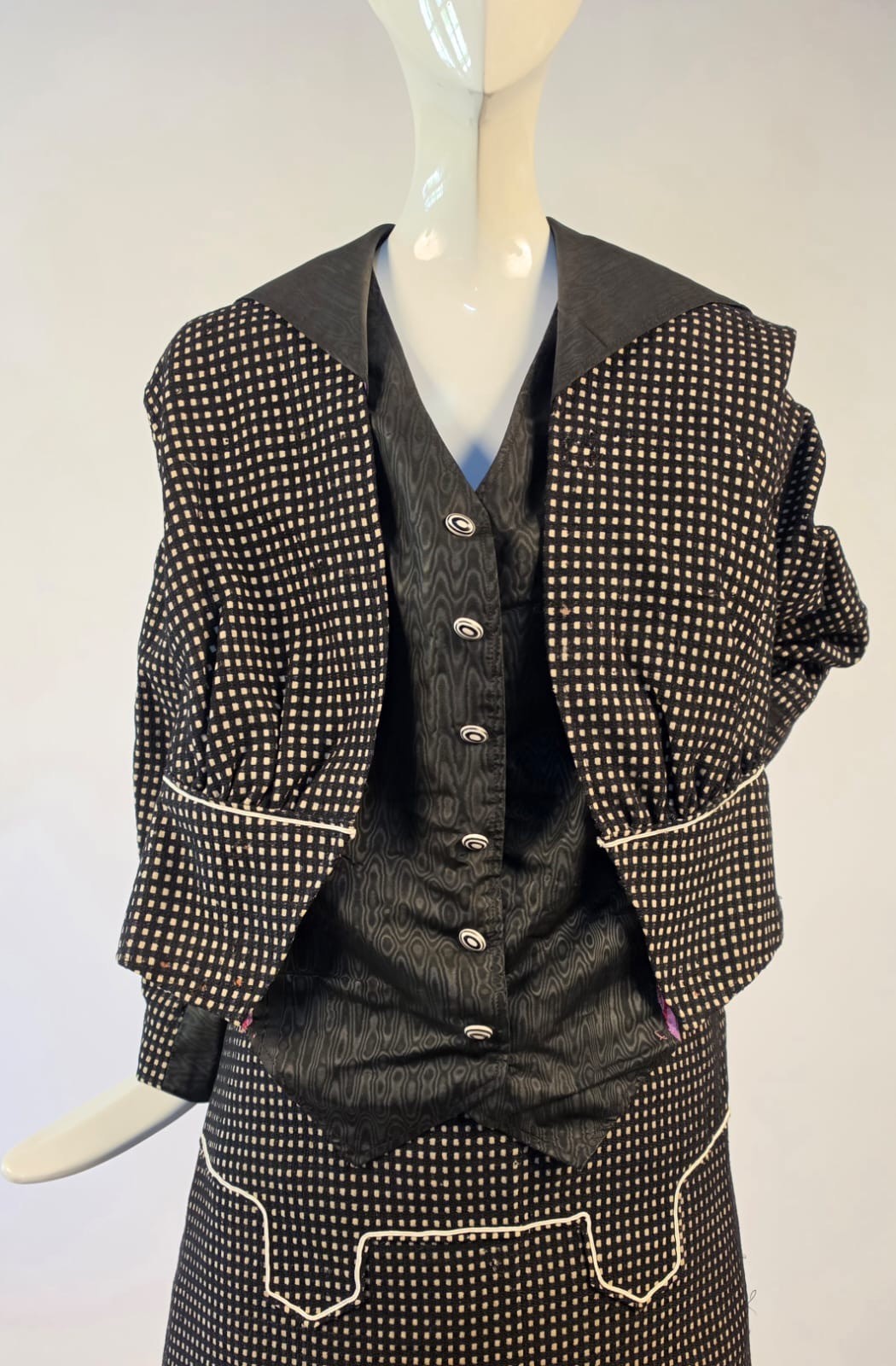 EDWARDIAN BLACK + WHITE CHECK WALKING SUIT W CORD DETAIL + SOUTACHE BELT BACK