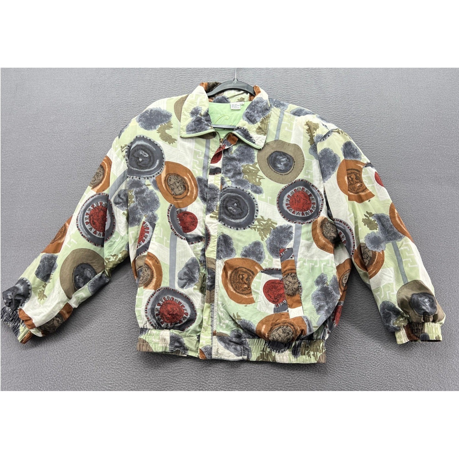 VTG Carte 100% Silk Bomber Jacket Abstract Medallion Print Sage Green Medium